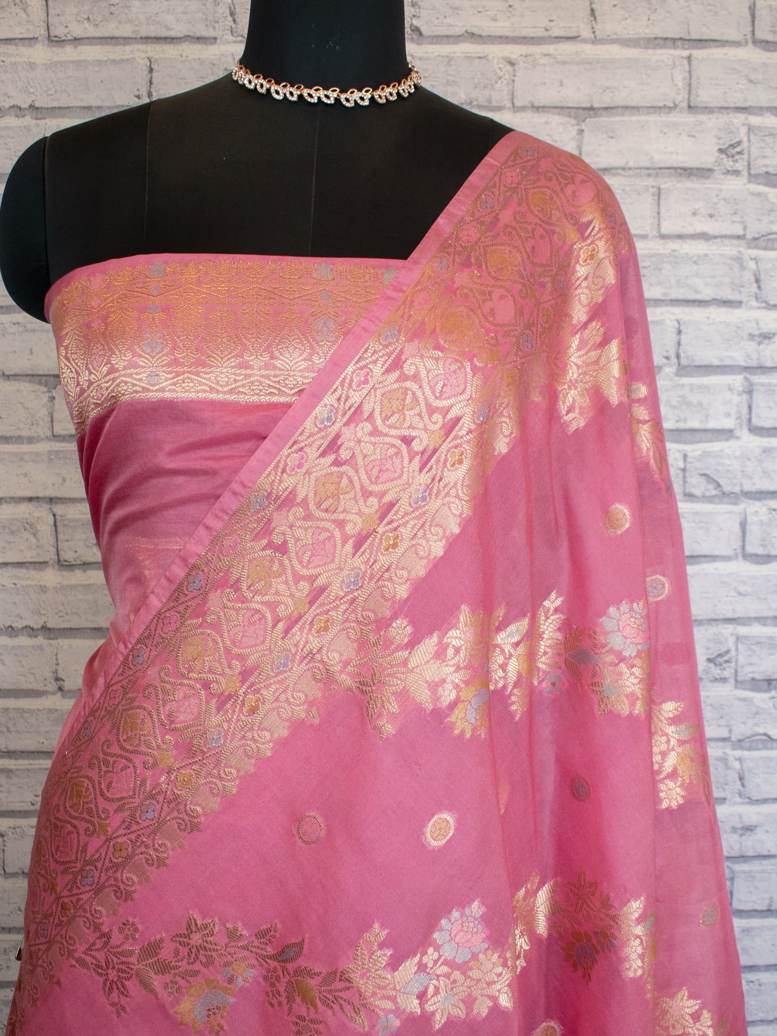 Banarasi Soft Cotton Saree with Floral Weaving & Border- Pink
