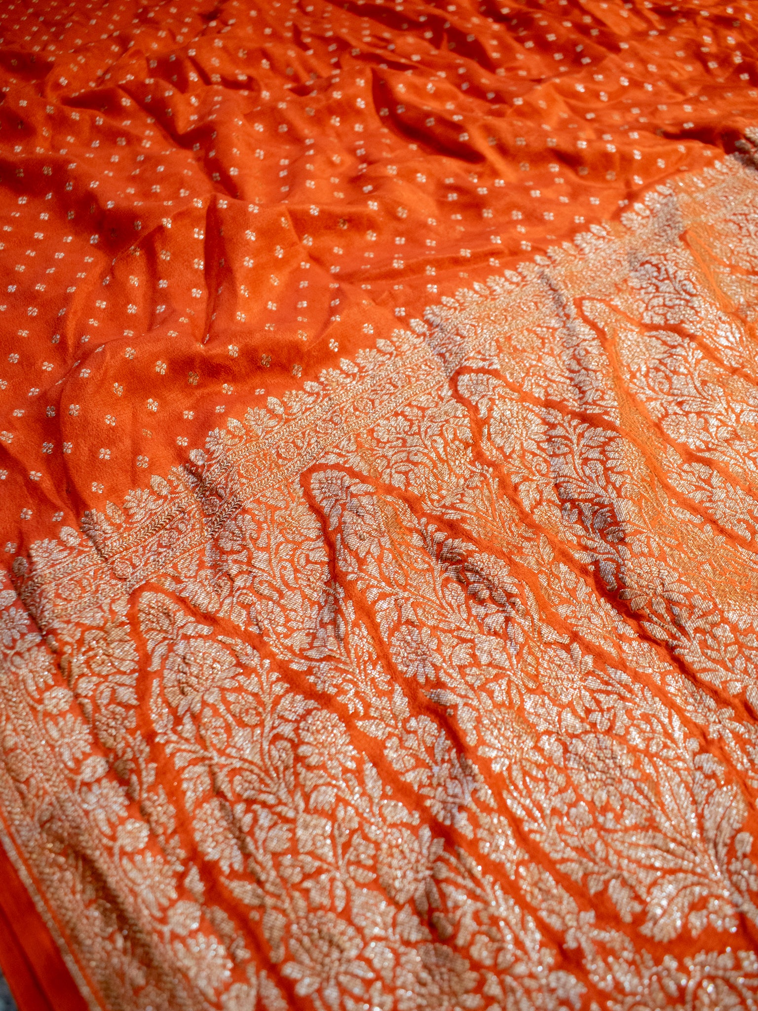 Banarasi Pure Khaddi Georgette Saree With Antique Zari Buti Weaving- Orange