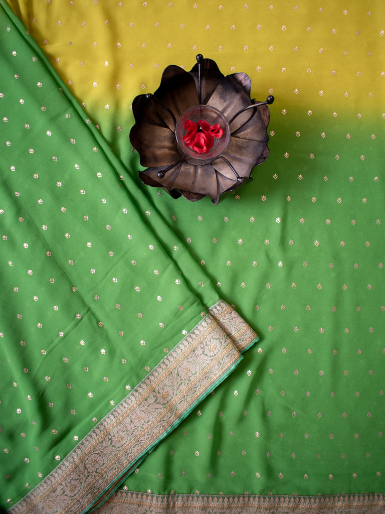 Dual Shade Semi Chiffon Gold Printed Saree With Zari Border-Green