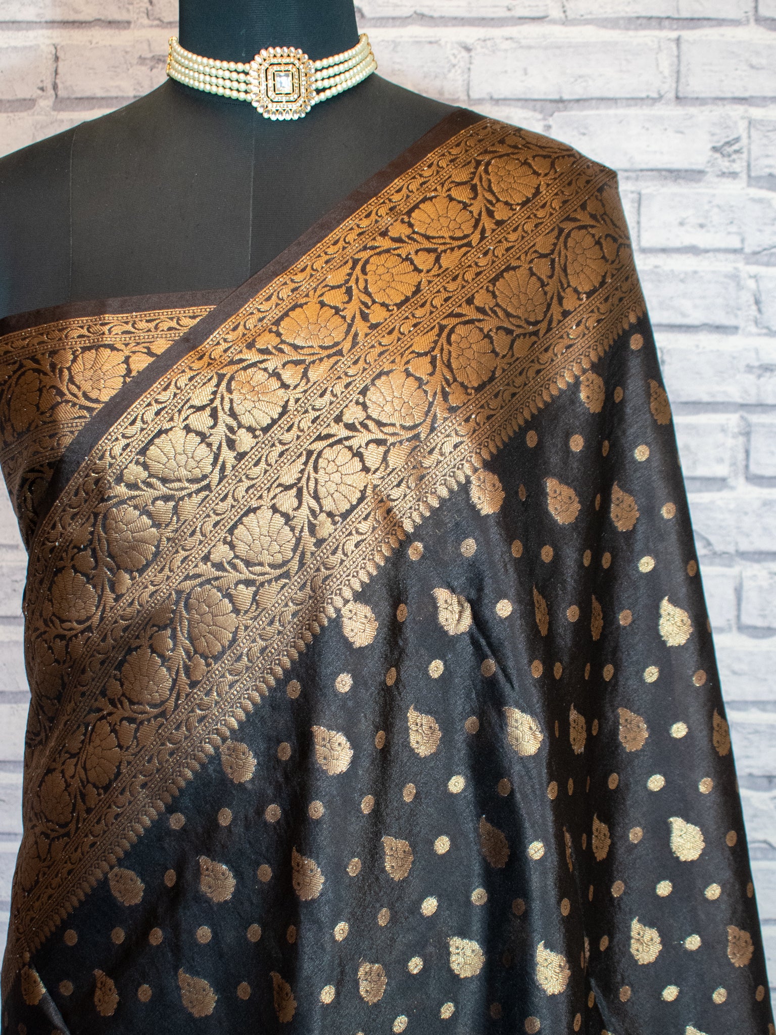 Banarasi Soft Cotton Saree With Antique Zari Weaving & Border- Black