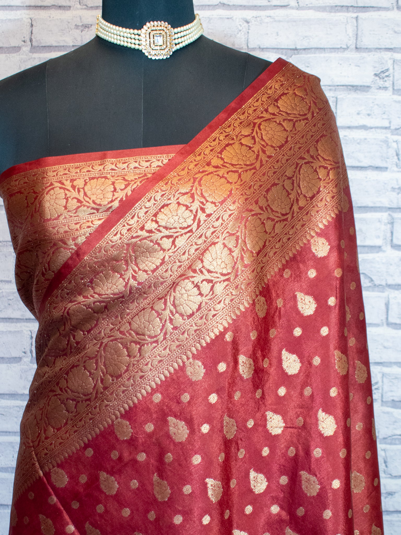 Banarasi Soft Cotton Saree With Antique Zari Weaving & Border- Red