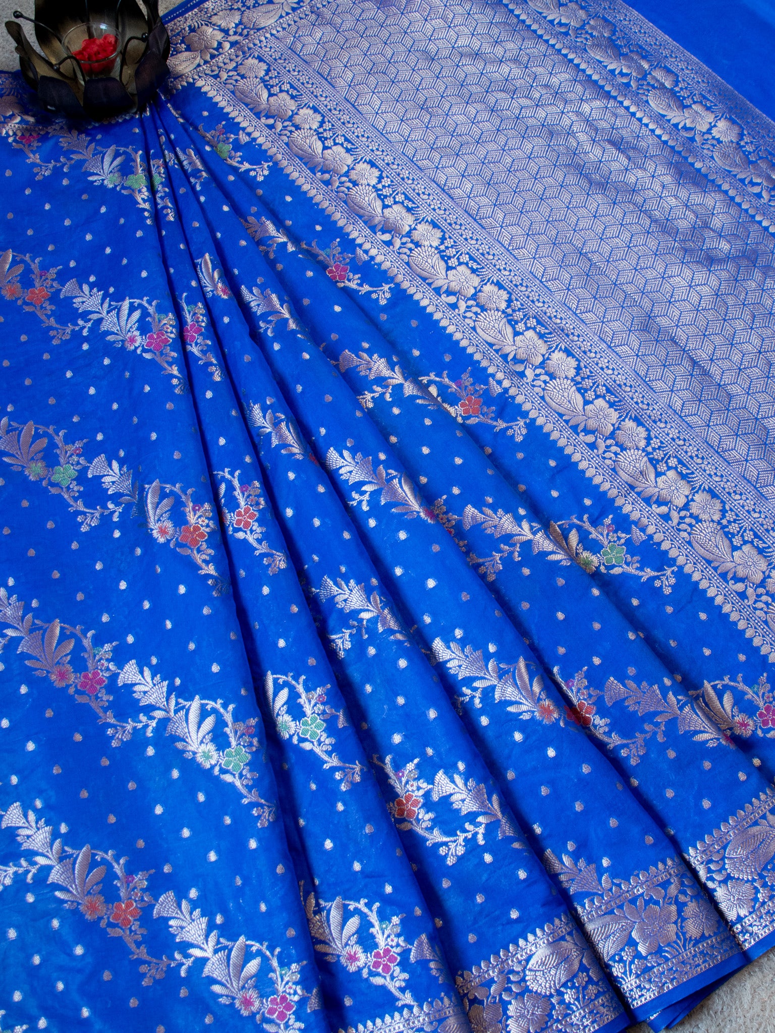 Banarasi Cotton Silk Saree Silver Zari Weaving With Border- Blue
