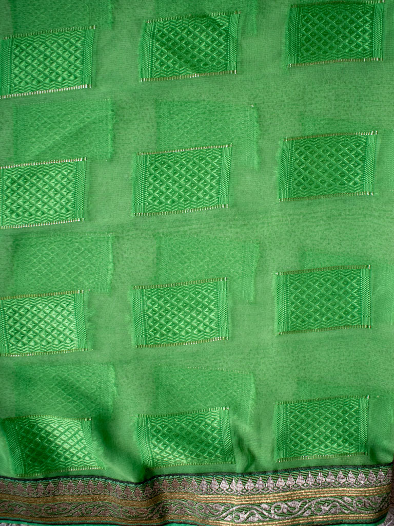 Dual Shade Semi Chiffon Gold Printed Saree With Zari Border-Green