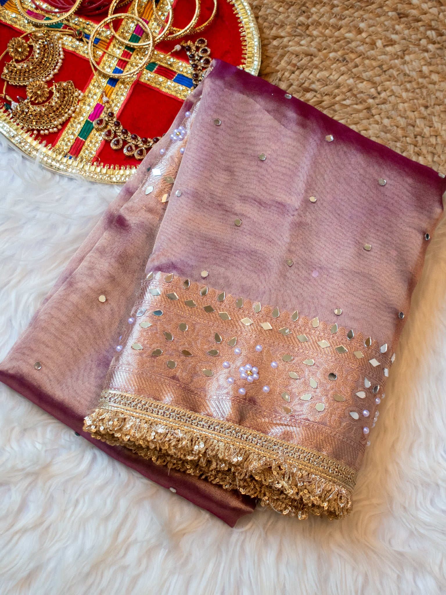 Banarasi Mirror Work Tissue Saree with Lace Border - Pink