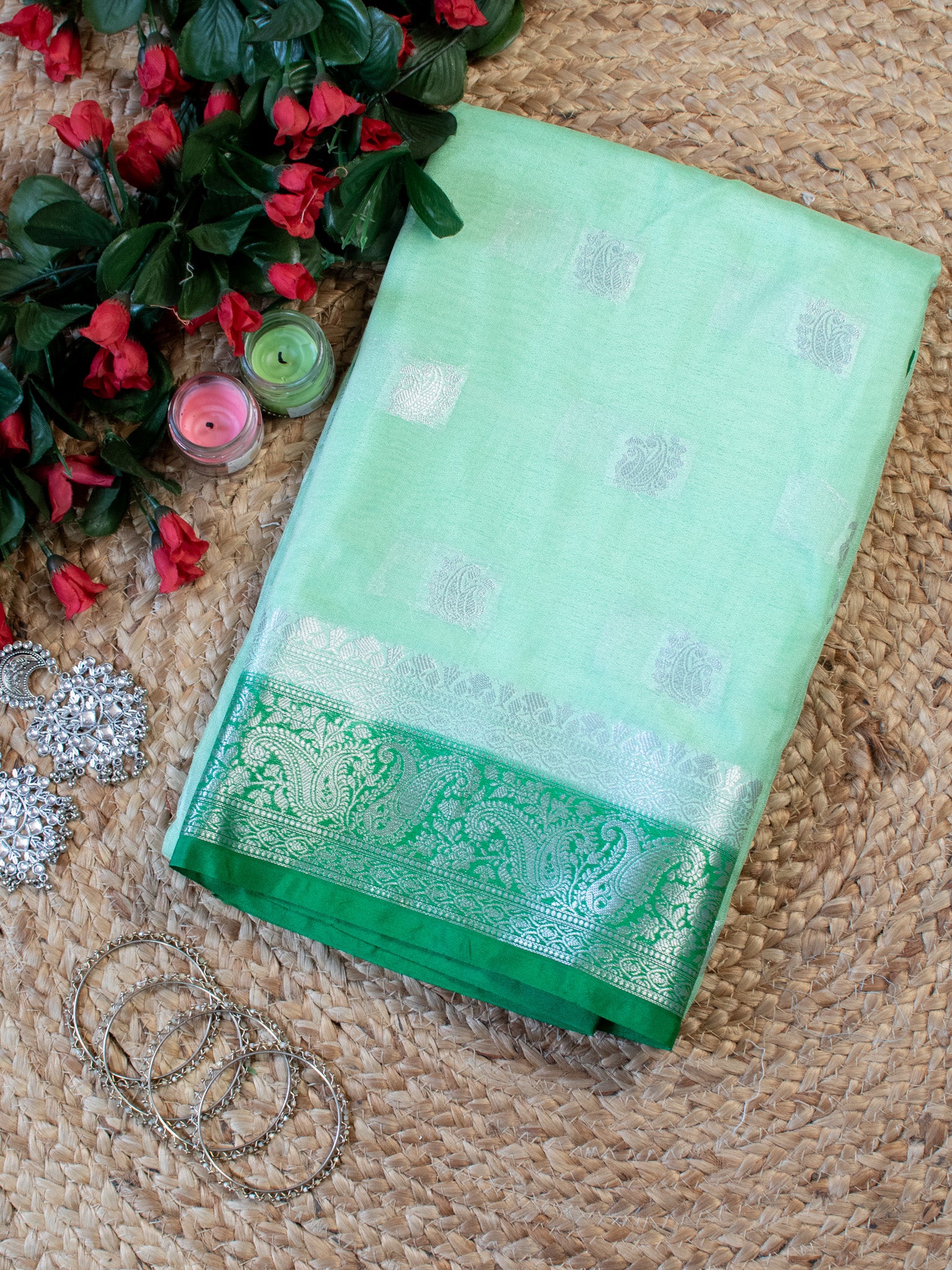 Banarasi Semi Chiffon Saree Silver Zari Buti Weaving With Contrast Border- Green