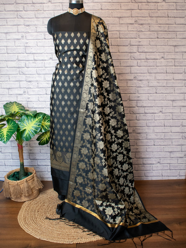 Banarasi Cotton Silk Salwar Kameez With Jaal Dupatta-Black