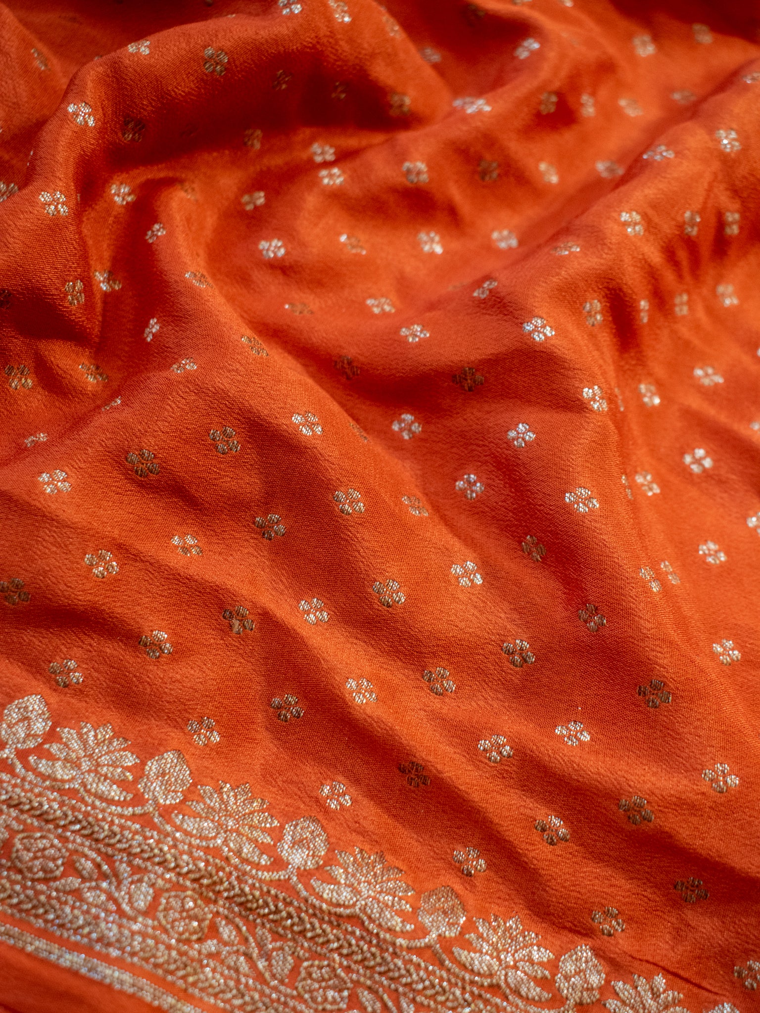 Banarasi Pure Khaddi Georgette Saree With Antique Zari Buti Weaving- Orange