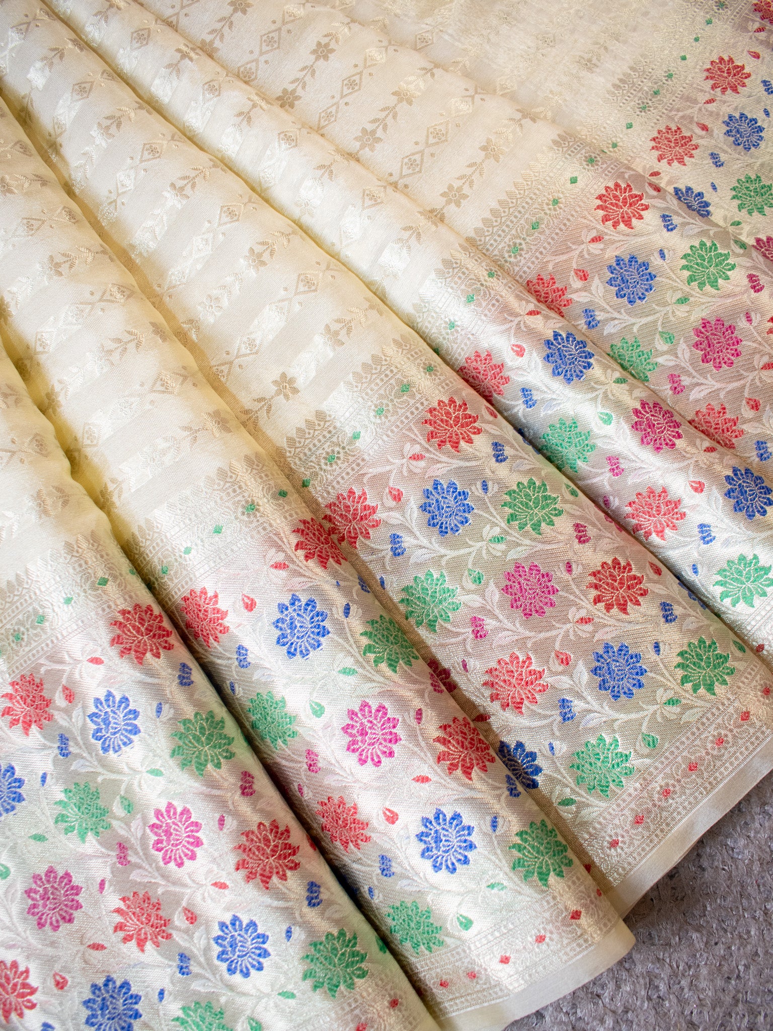 Banarasi Kora Saree With Zari Weaving & Meena Border-Off White