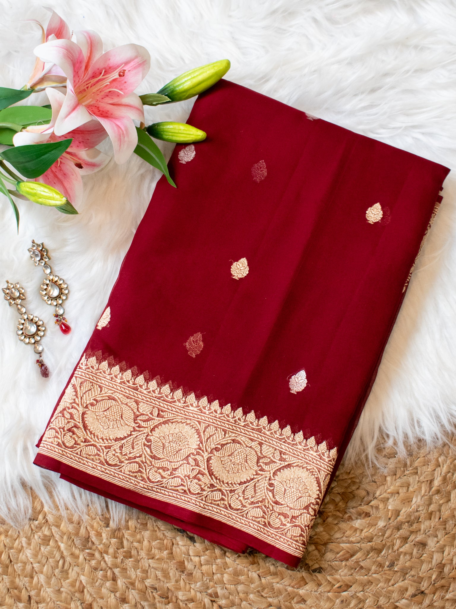 Banarasi Pure Khaddi Georgette Saree With Sona Rupa Zari Buti Weaving- Maroon