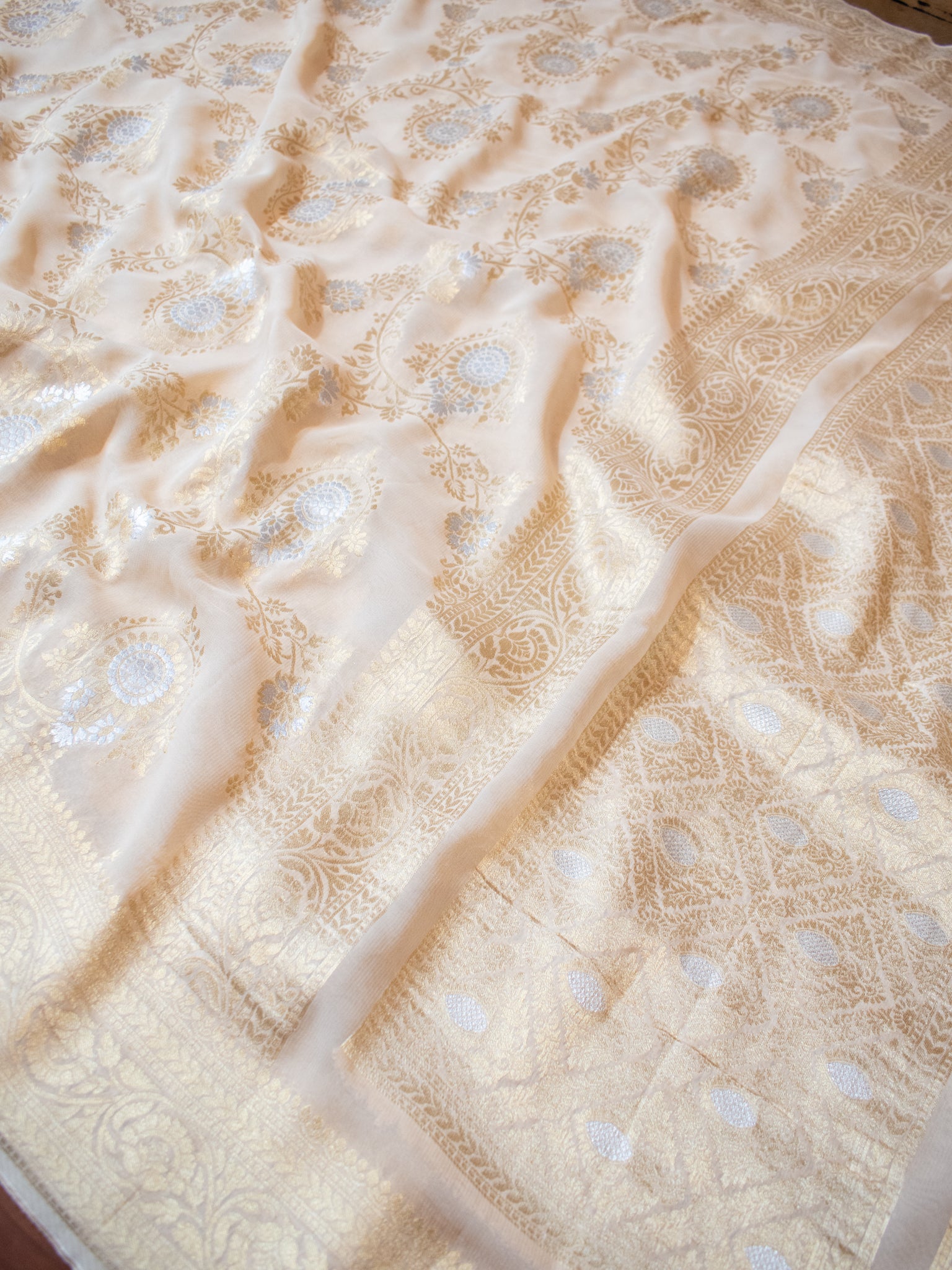 Banarasi Viscose Georgette Saree With Floral Weaving- Beige