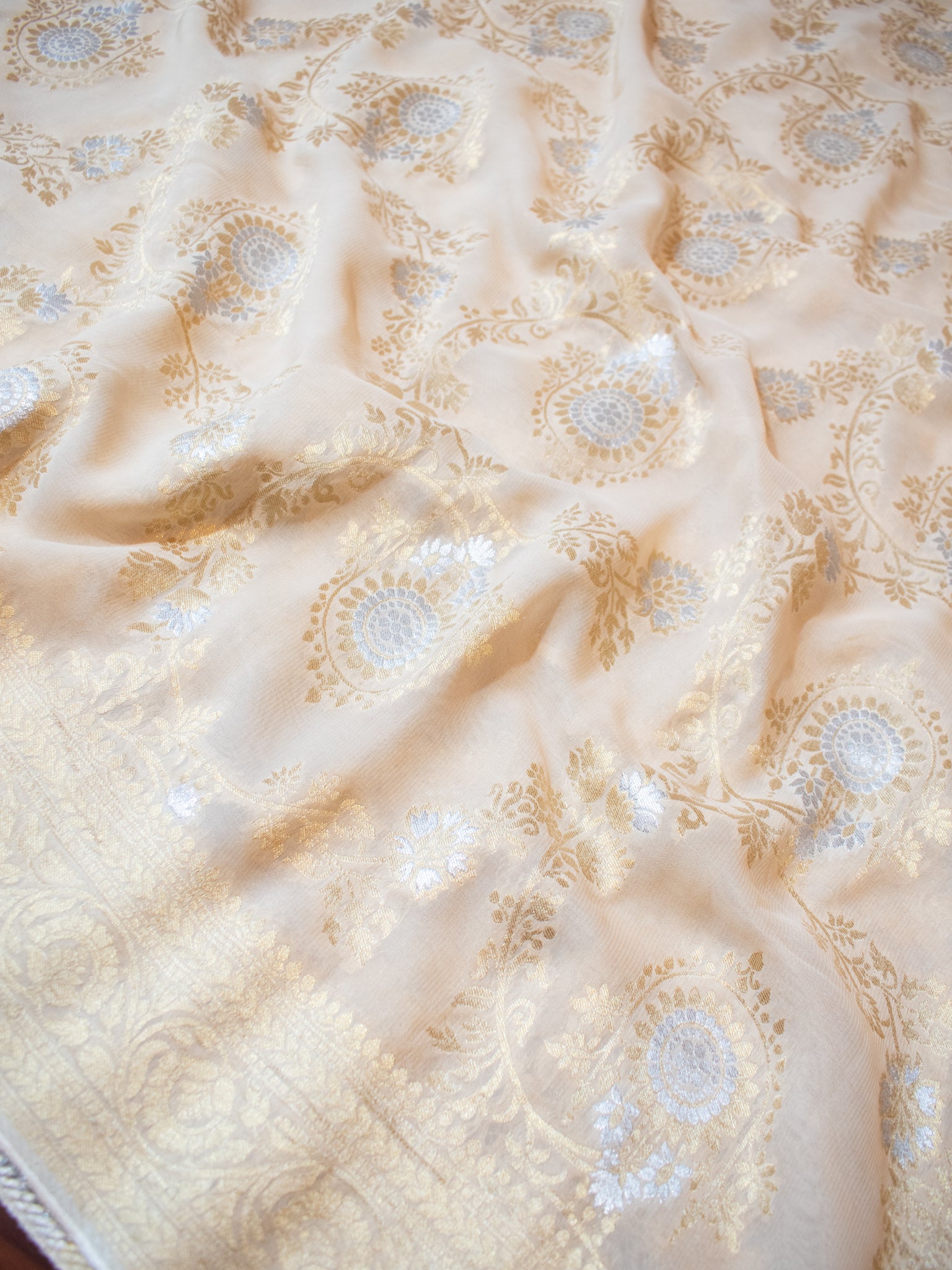 Banarasi Viscose Georgette Saree With Floral Weaving- Beige