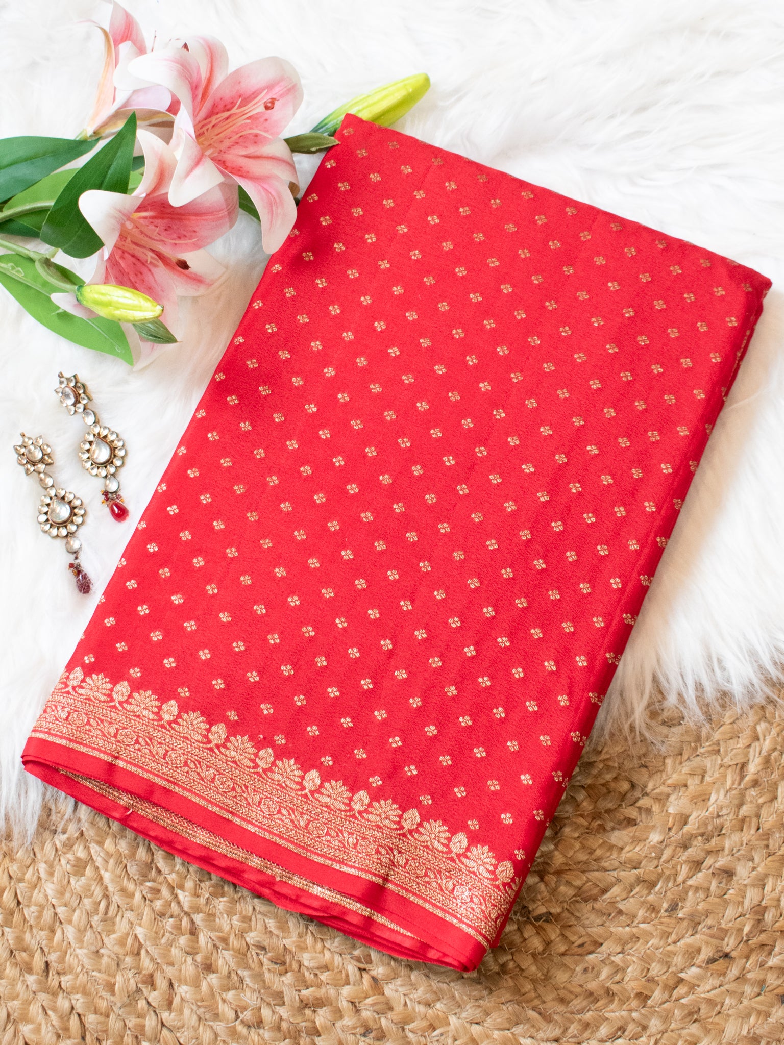 Banarasi Pure Khaddi Georgette Saree With Antique Zari Buti Weaving- Red
