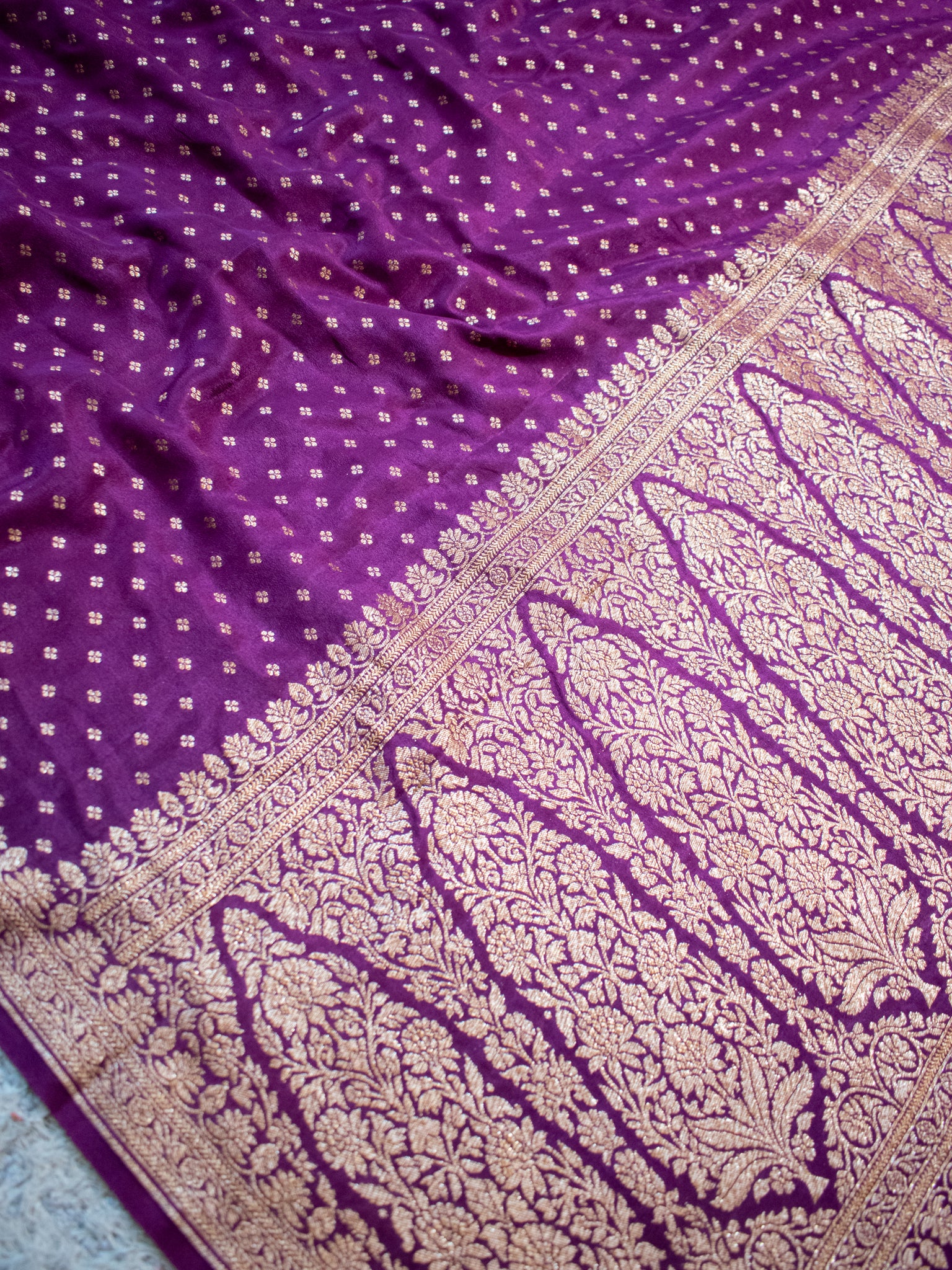Banarasi Pure Khaddi Georgette Saree With Antique Zari Buti Weaving- Purple