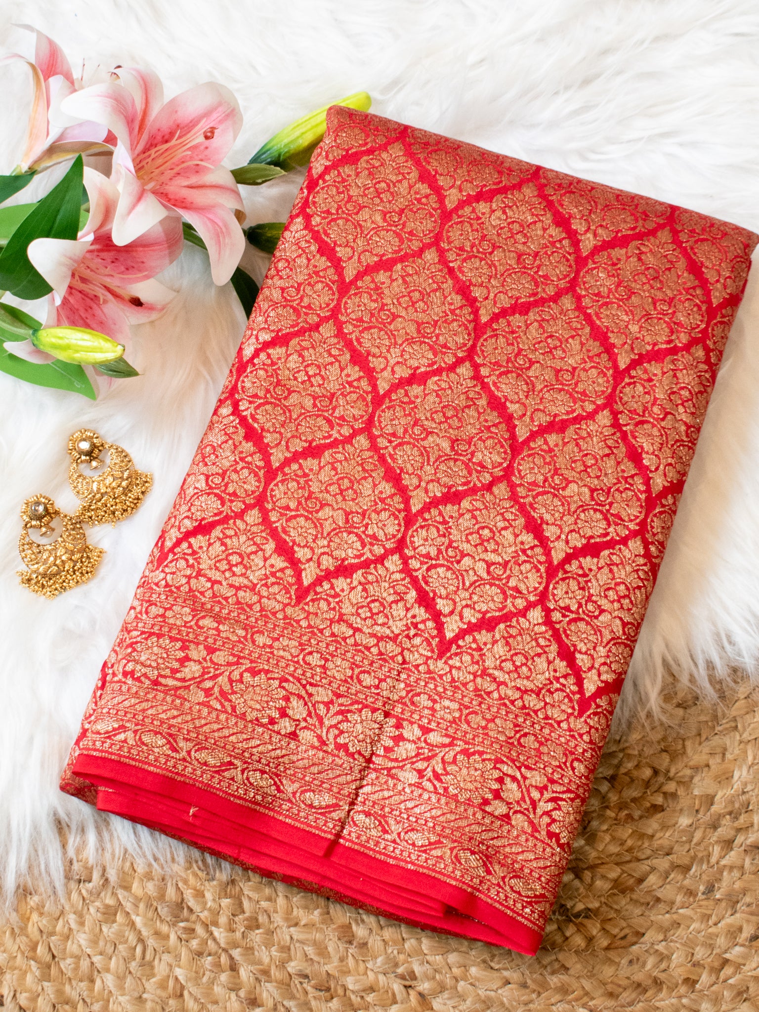 Banarasi Pure Khaddi Georgette Saree With Antique Zari Weaving- Red
