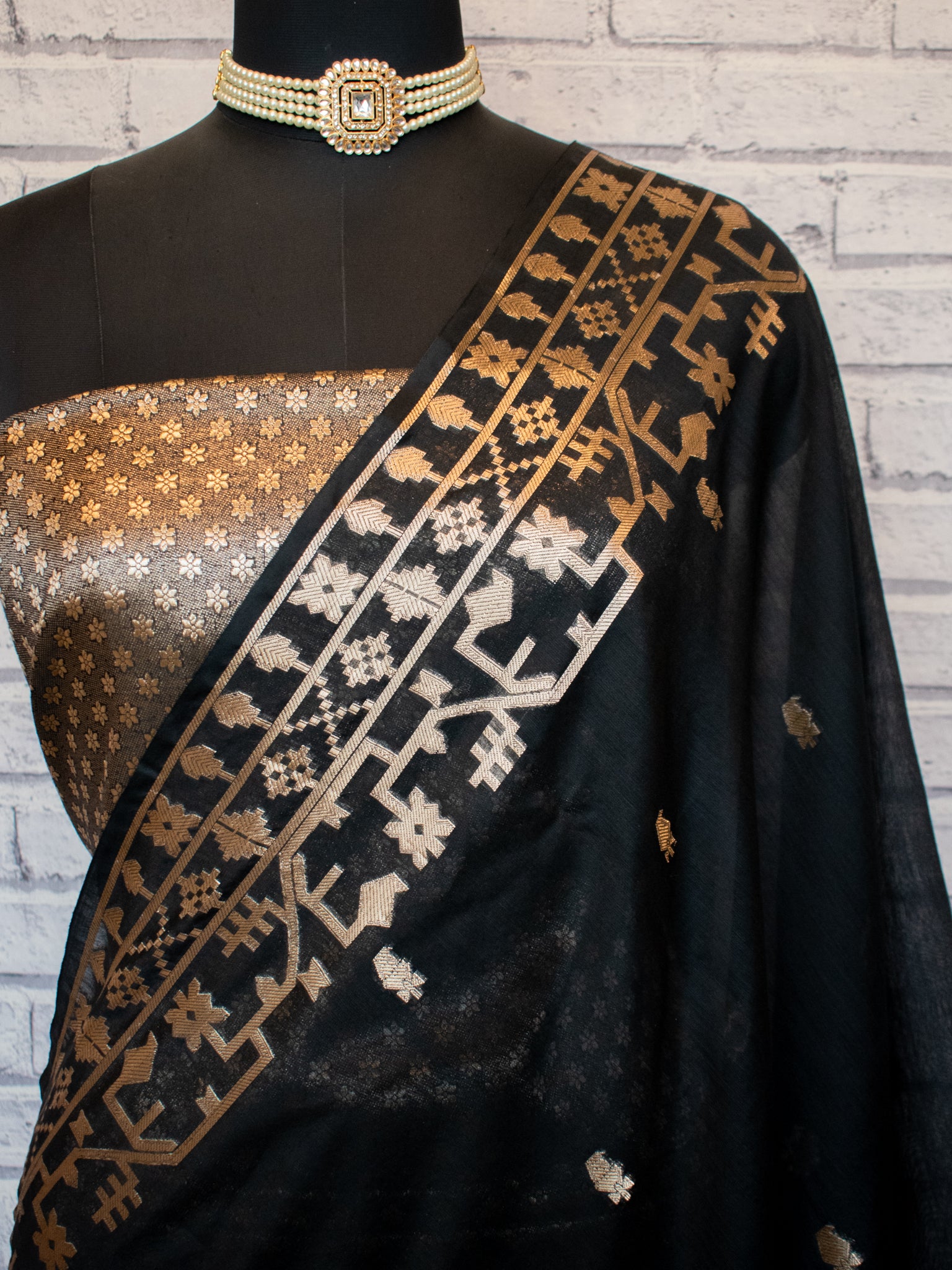 Banarasi Cotton Mix Saree with Zari Weaving & Border- Black