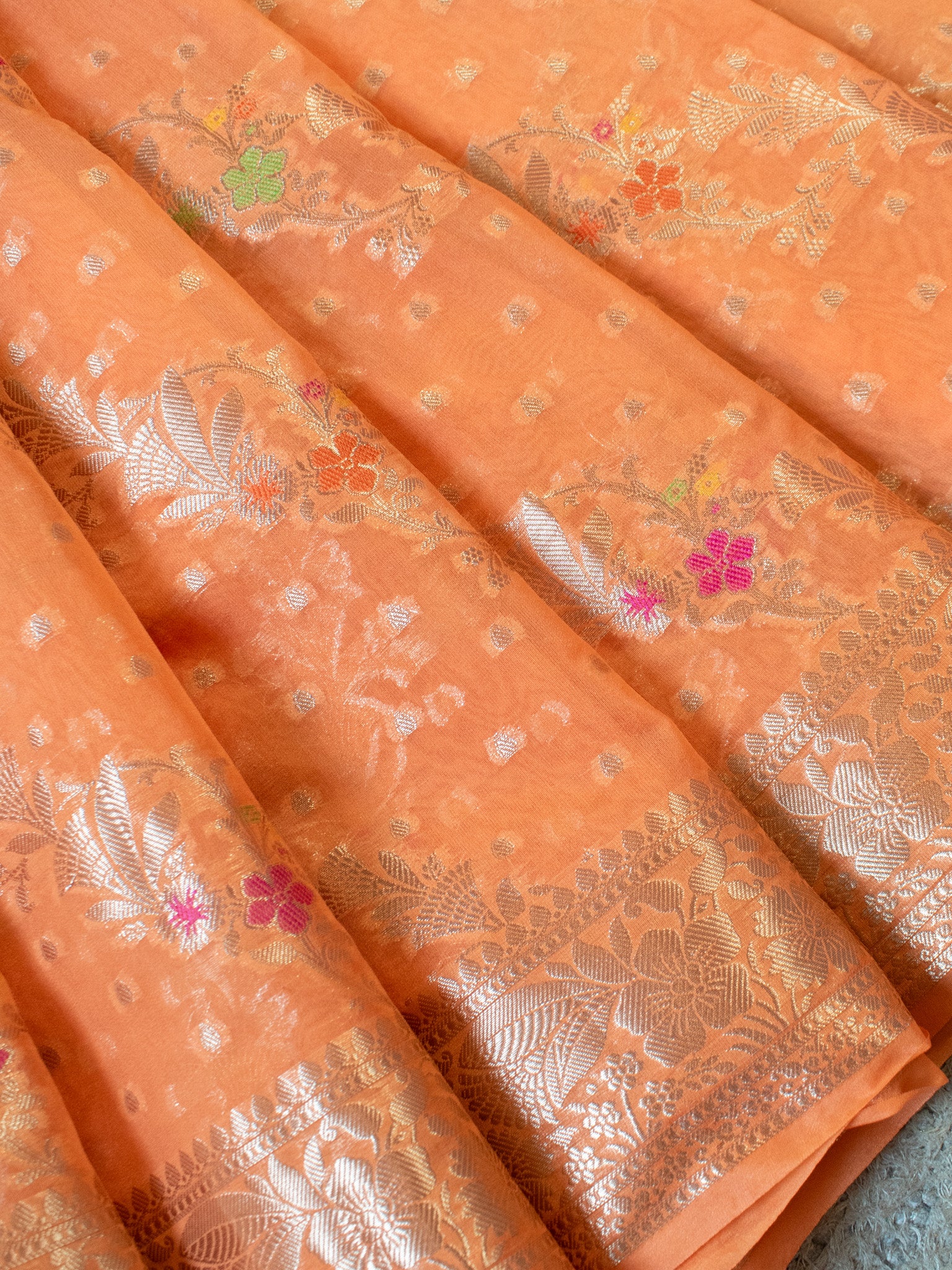Banarasi Cotton Silk Saree Silver Zari Weaving With Border-Peach