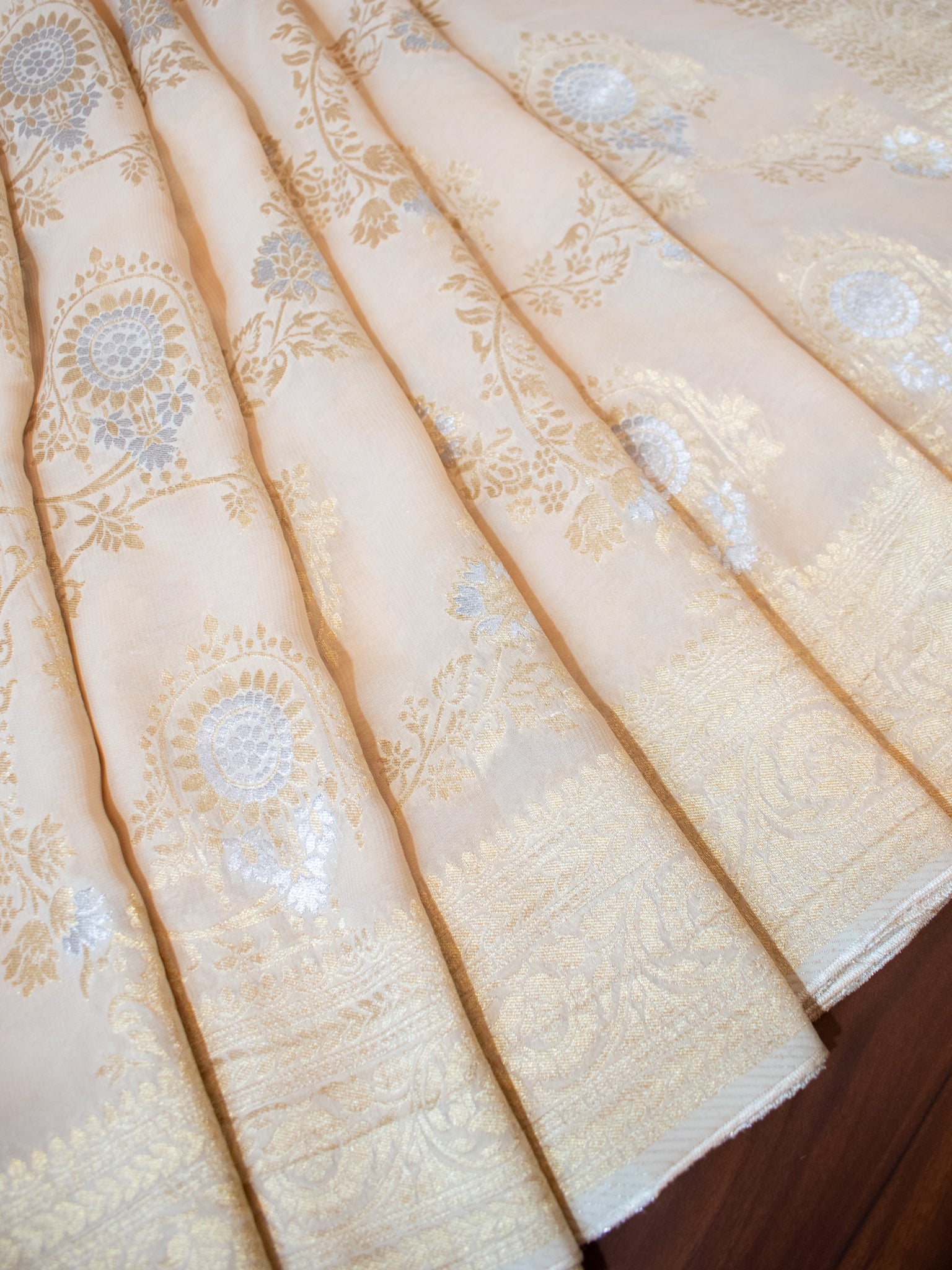 Banarasi Viscose Georgette Saree With Floral Weaving- Beige