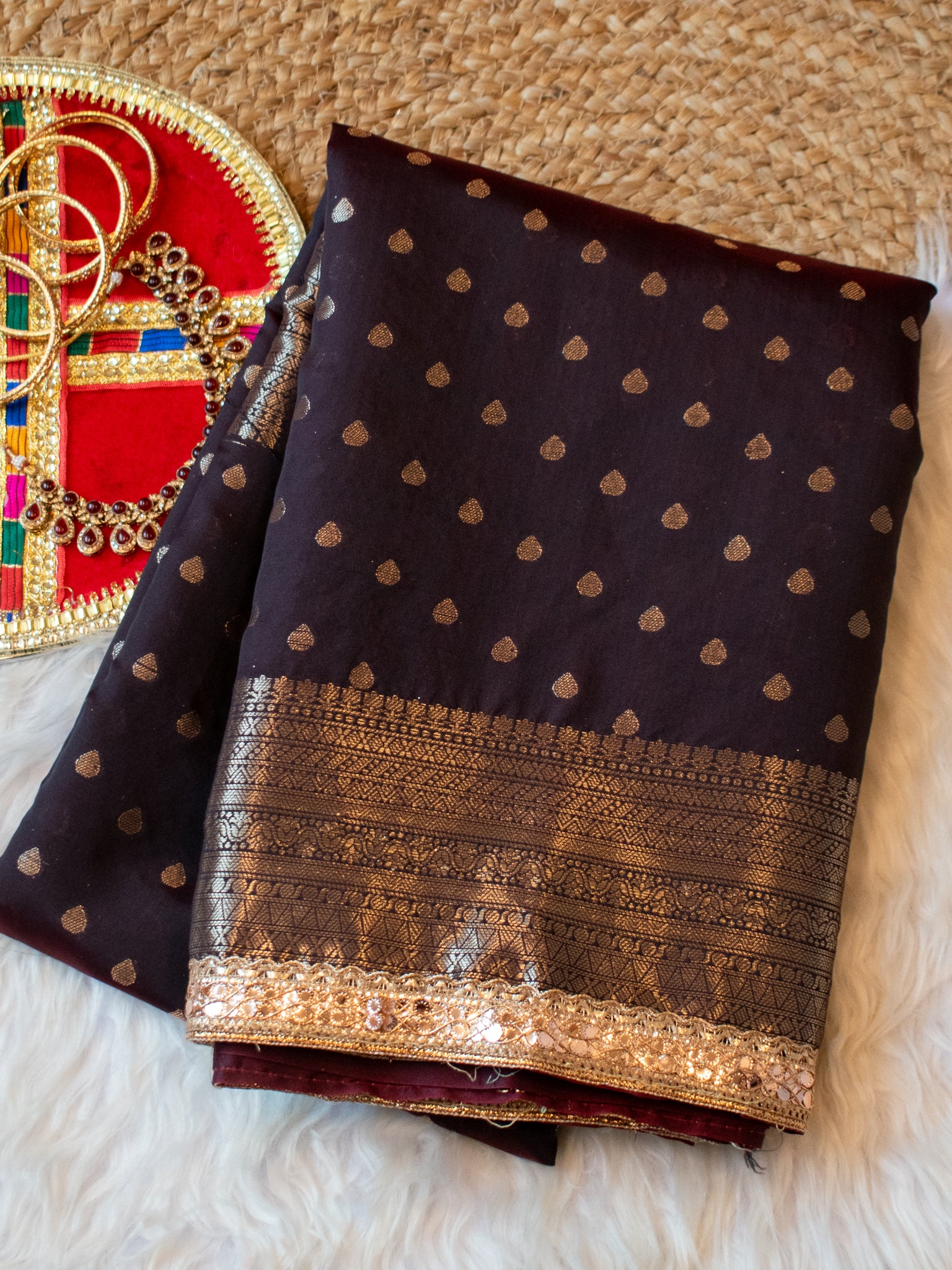 Banarasi Semi Silk Saree with Zari Buti Weaving & Lace Border - Brown