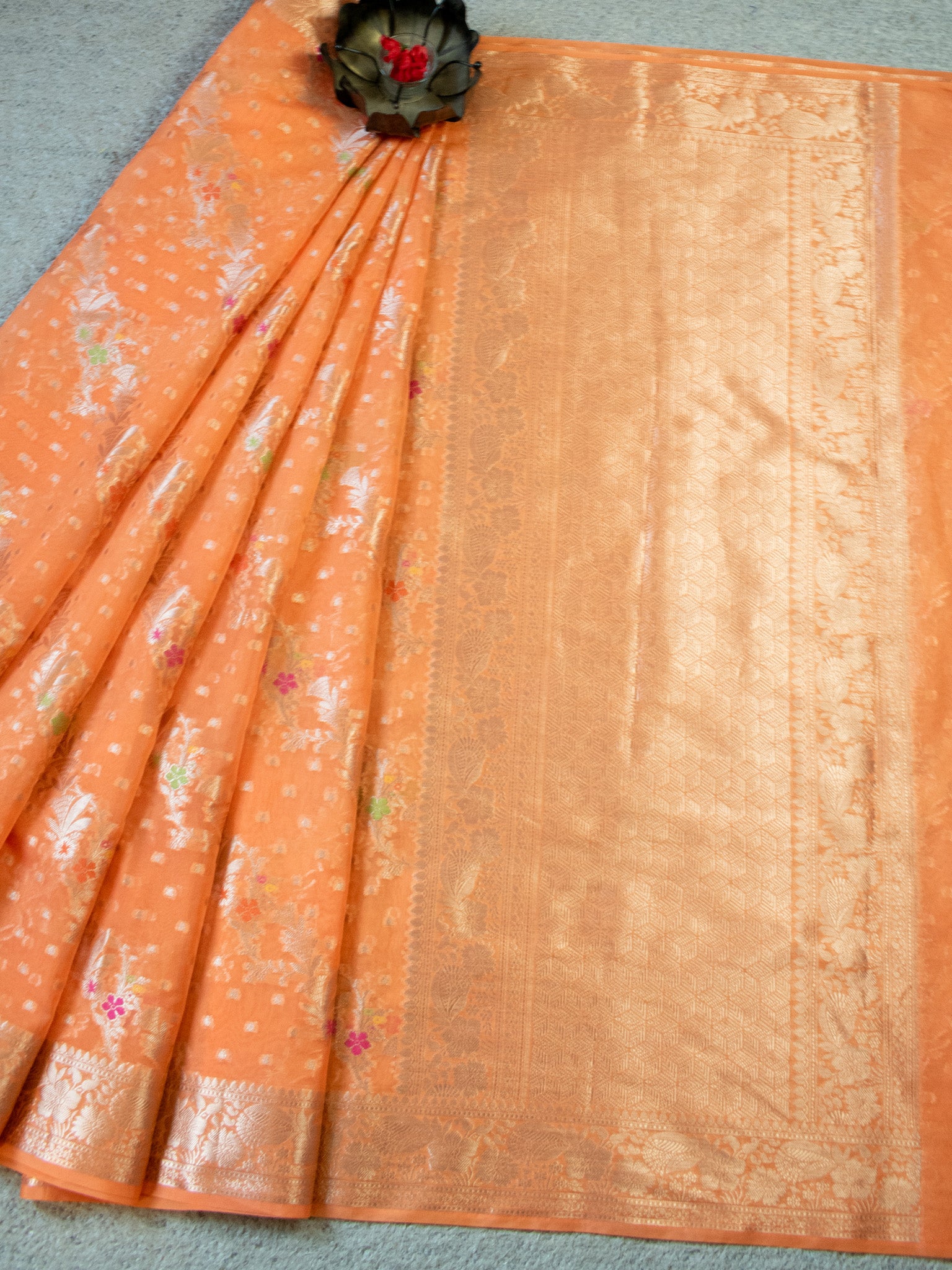Banarasi Cotton Silk Saree Silver Zari Weaving With Border-Peach