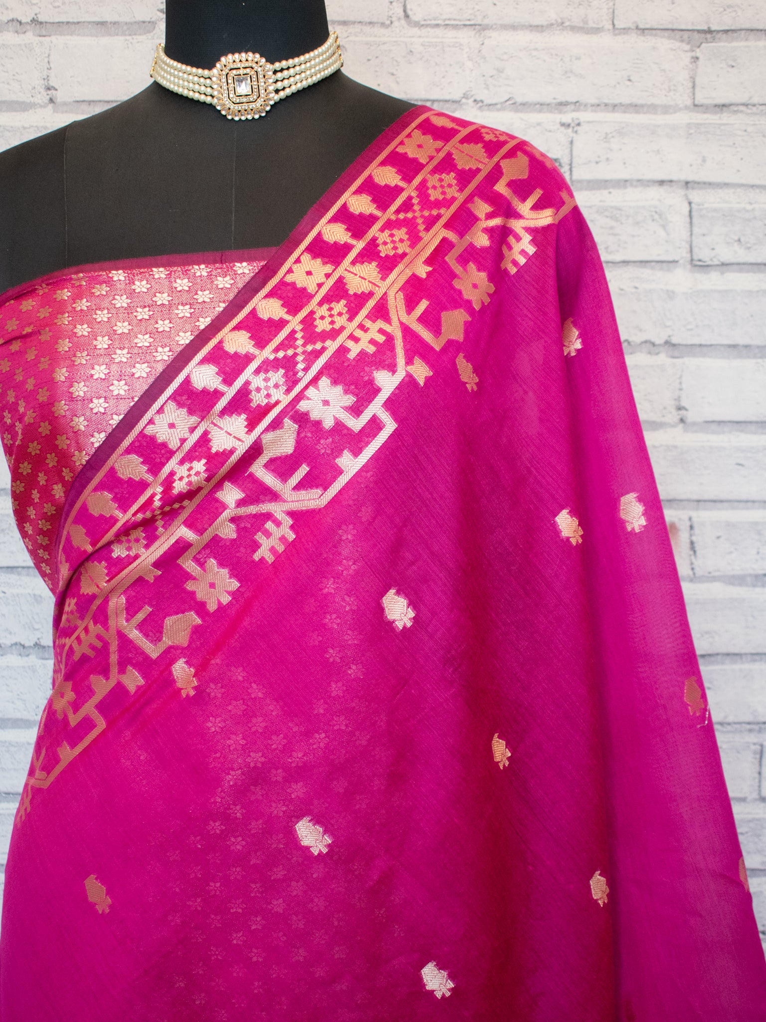 Banarasi Cotton Mix Saree with Zari Weaving & Border- Magenta