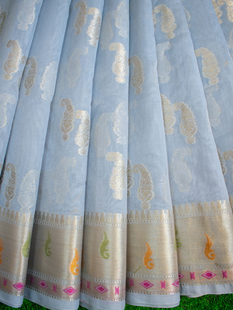 Banarasi Cotton Silk Jaal Resham & Zari Multi Coloured Weaving Saree-Grey