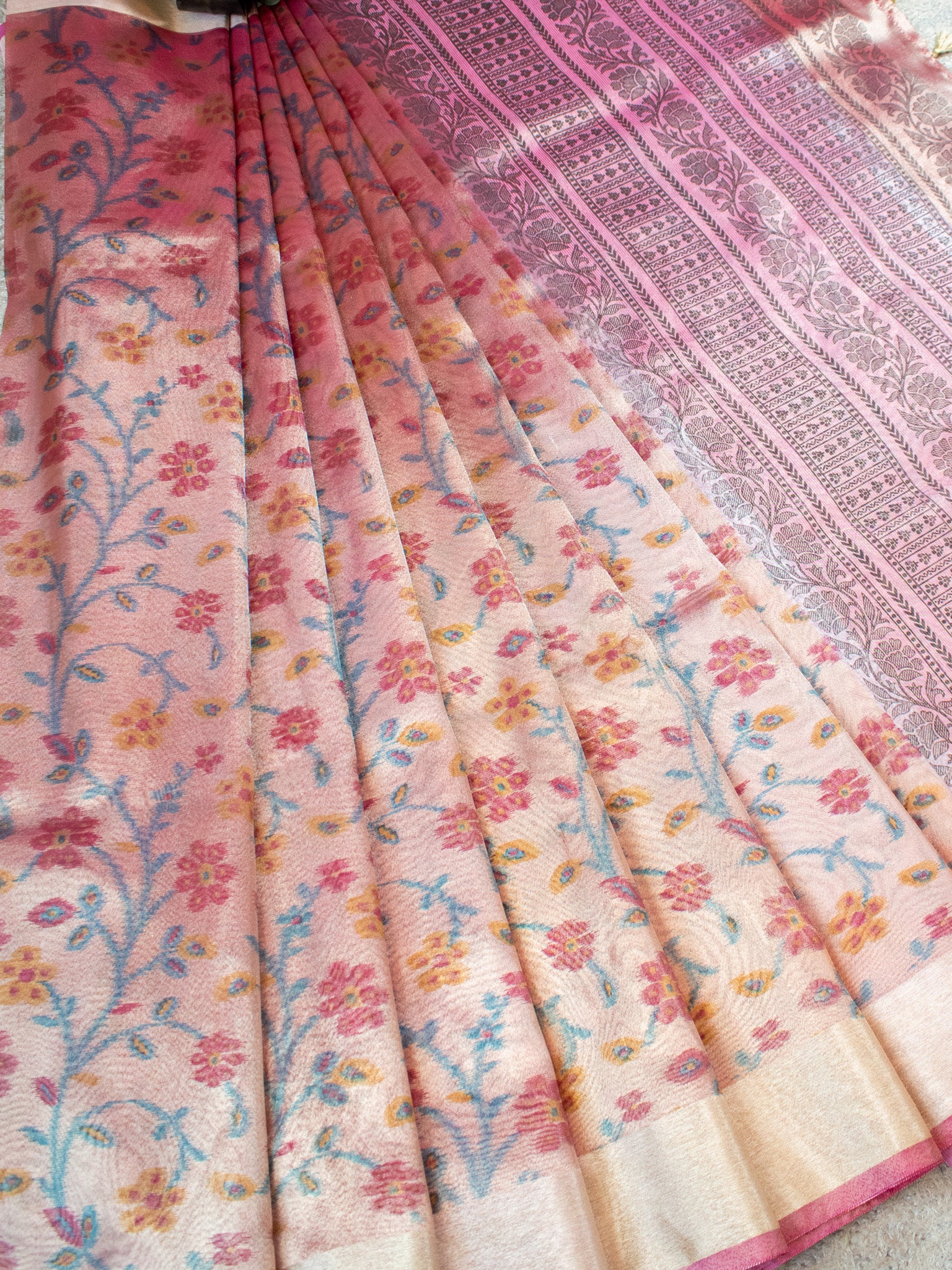 Banarasi Tissue Saree With Zari Weaving & Border-Pink