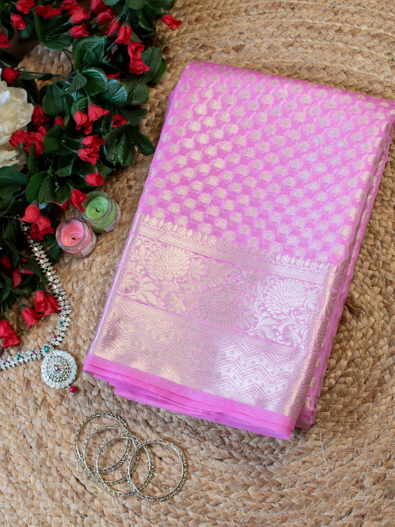 Banarasi Cotton Silk Saree With Silver Zari Weaving & Border-Pink