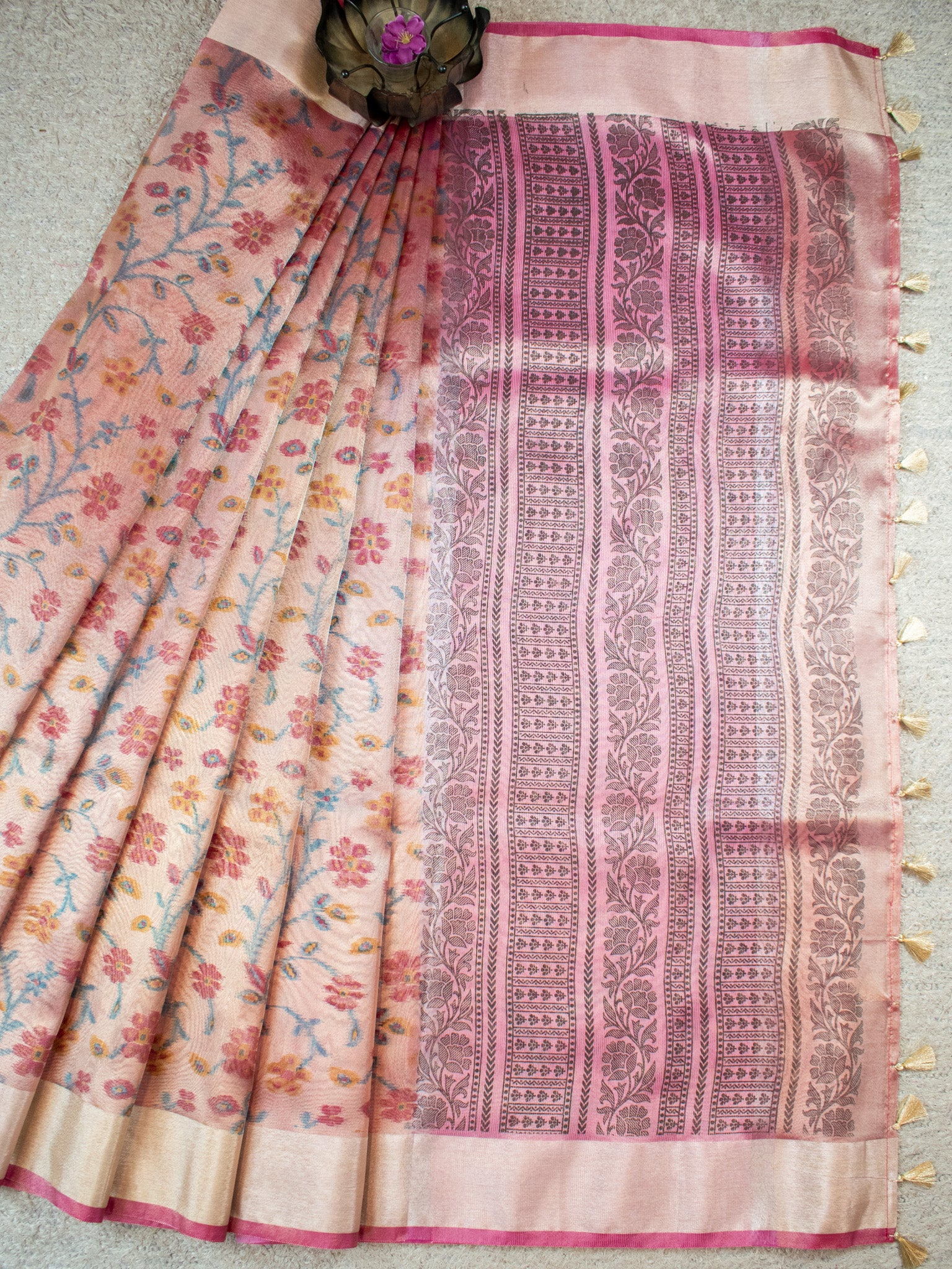 Banarasi Tissue Saree With Zari Weaving & Border-Pink