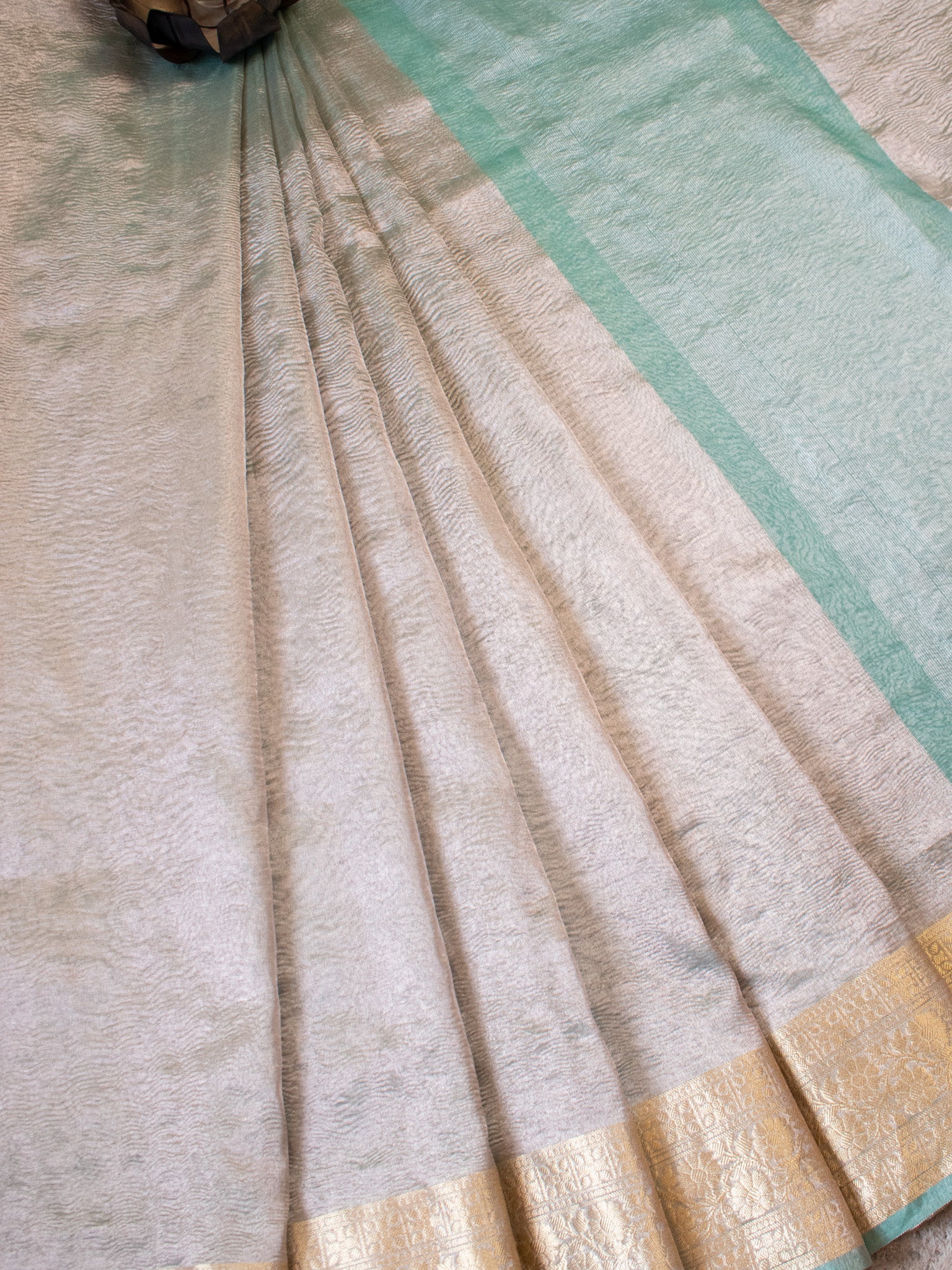 Banarasi Crushed Tissue Saree With Silver Weaving Border-Blue