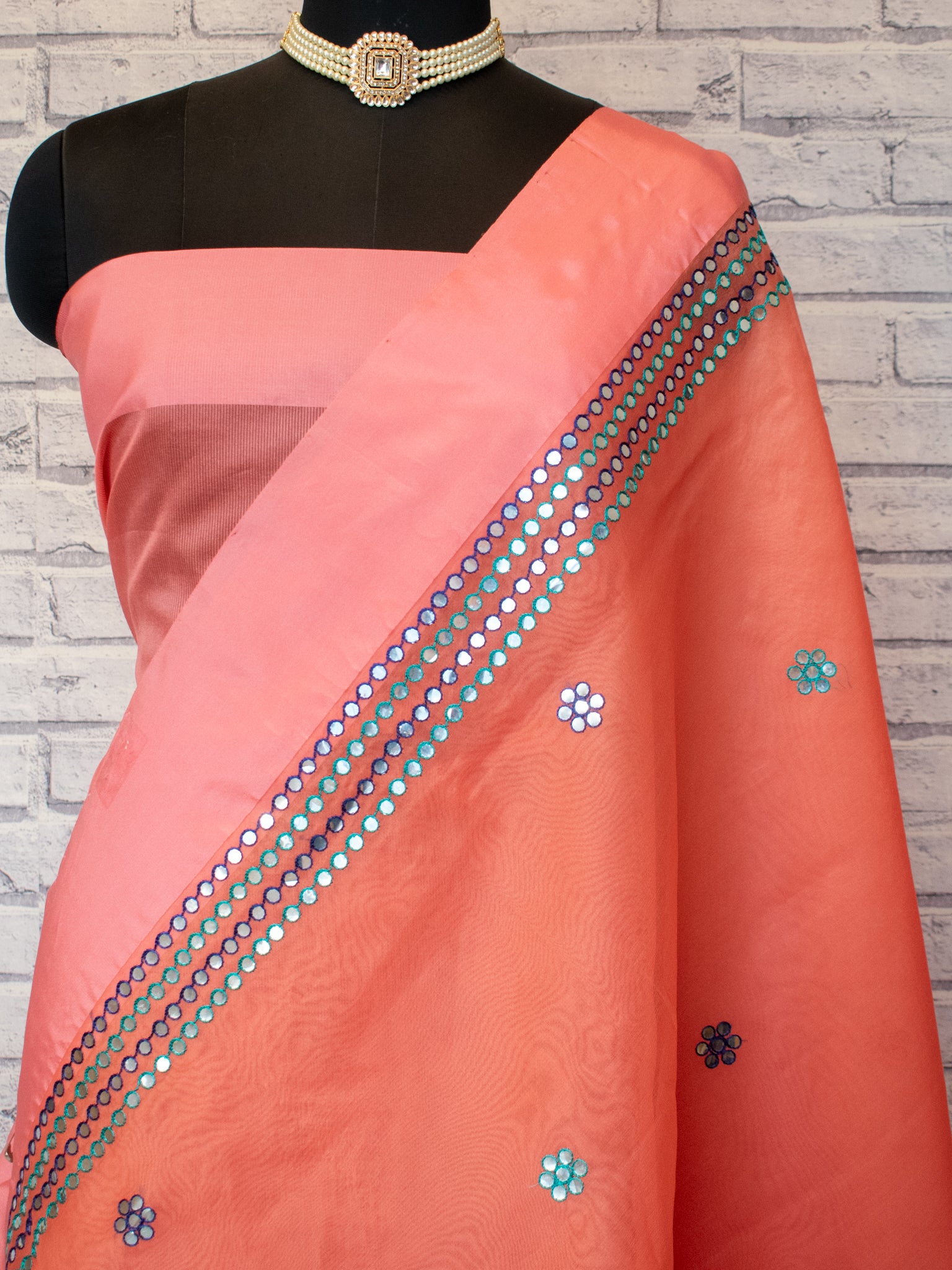 Banarasi Organza Saree With Embroidery & Border - Peach