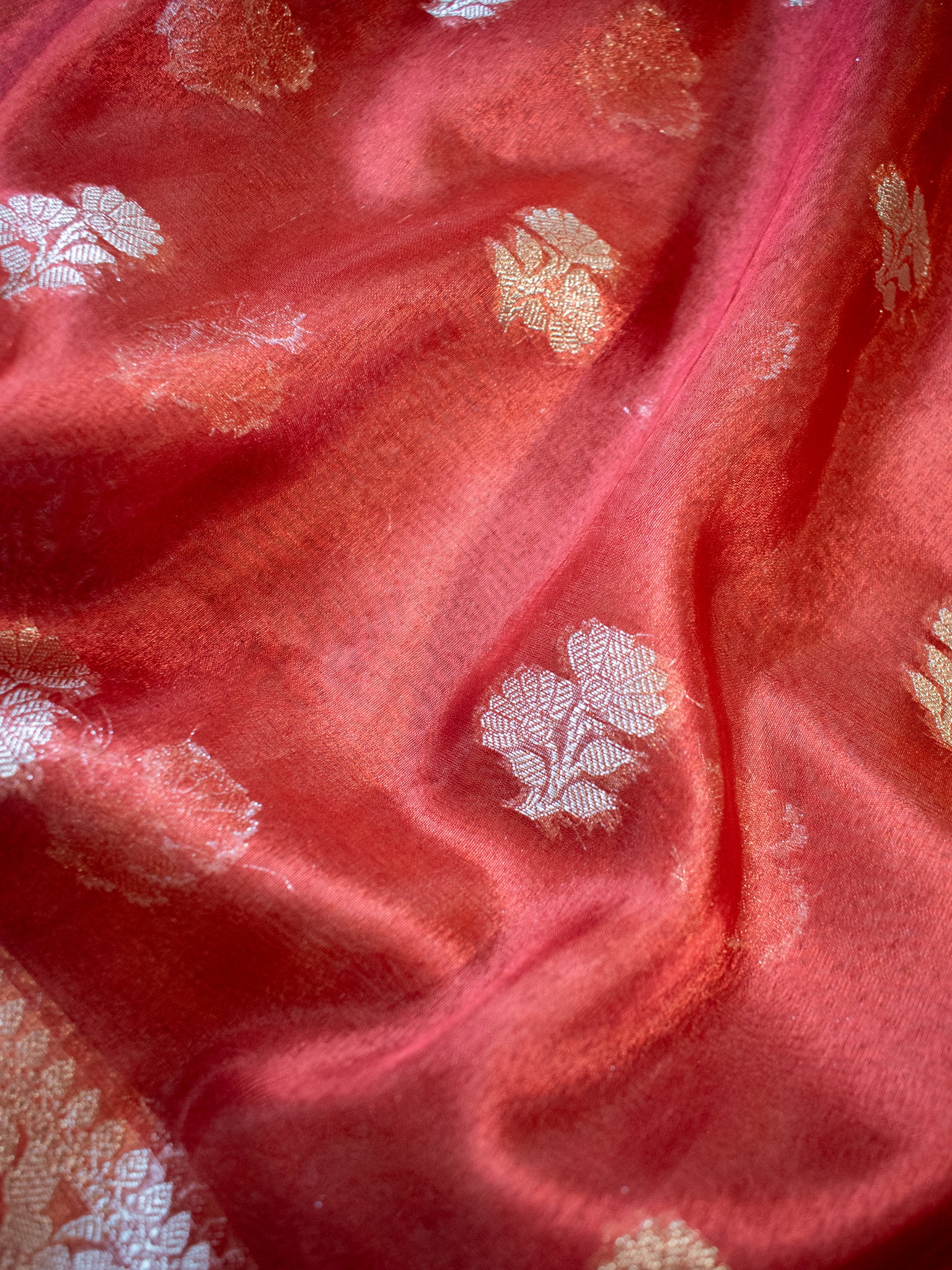 Banarasi Tissue Saree With Buti Weaving & Lace Border - Red