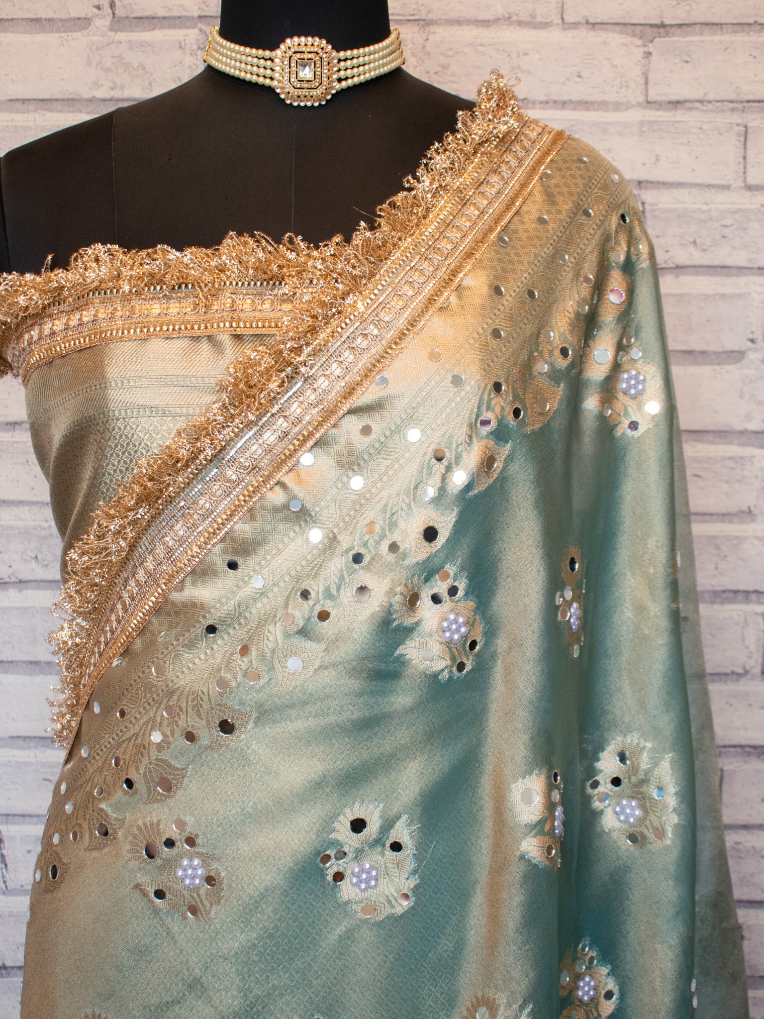 Banarasi Mirror Work Tissue Saree with Lace Border - Blue