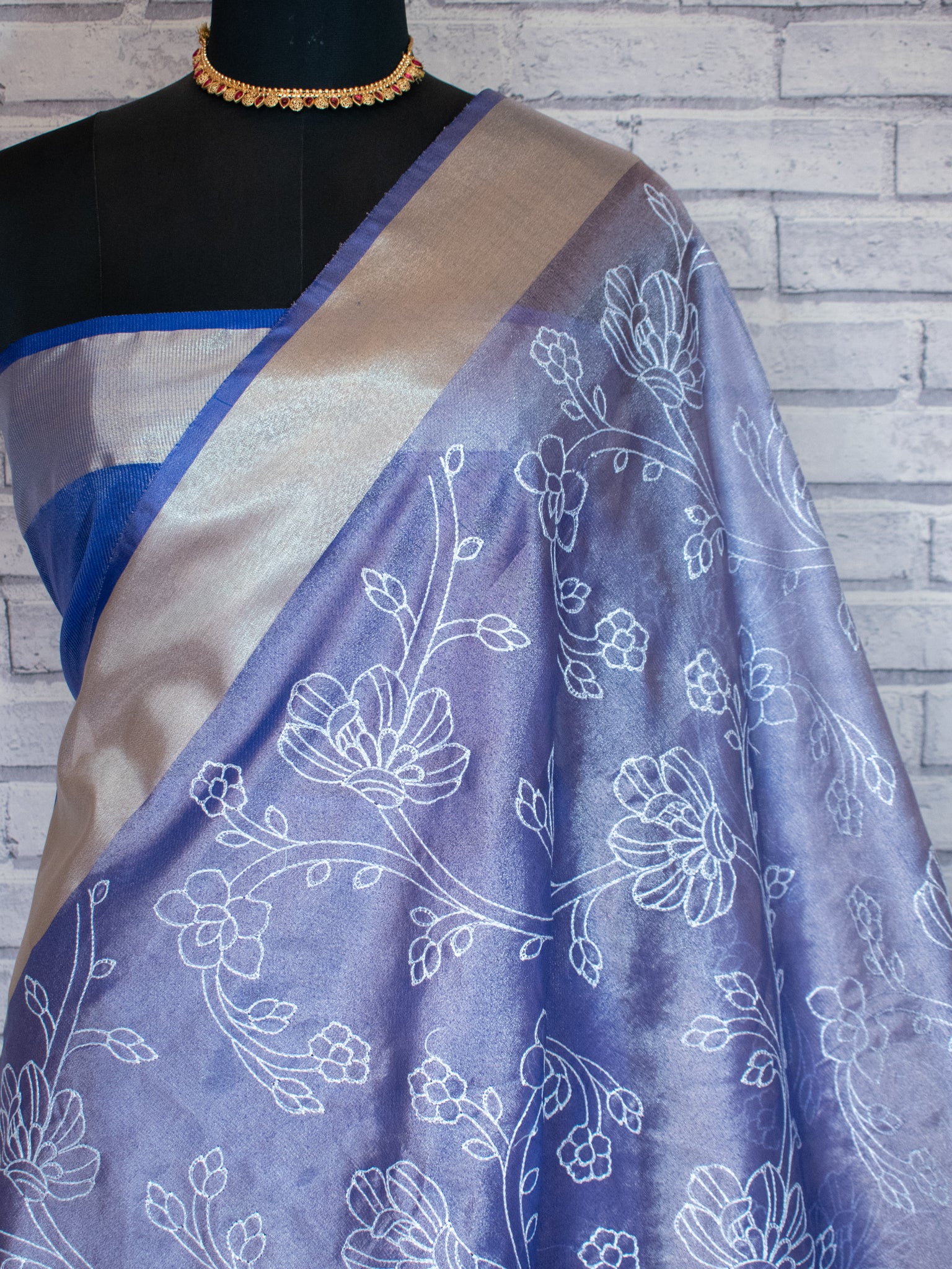 Banarasi Tissue Embroidered Saree With Weaving & Border- Blue