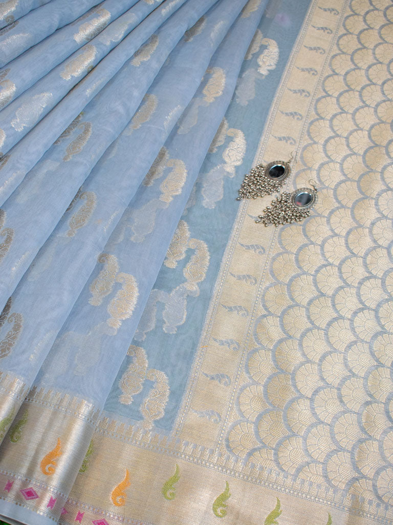 Banarasi Cotton Silk Jaal Resham & Zari Multi Coloured Weaving Saree-Grey