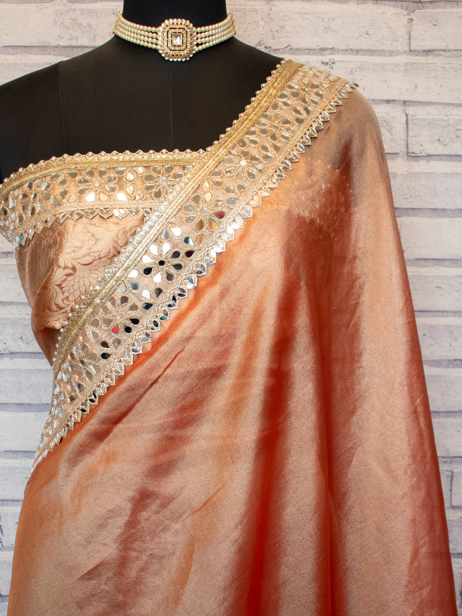 Banarasi Plain Tissue Saree with Mirror Lace Border - Rust