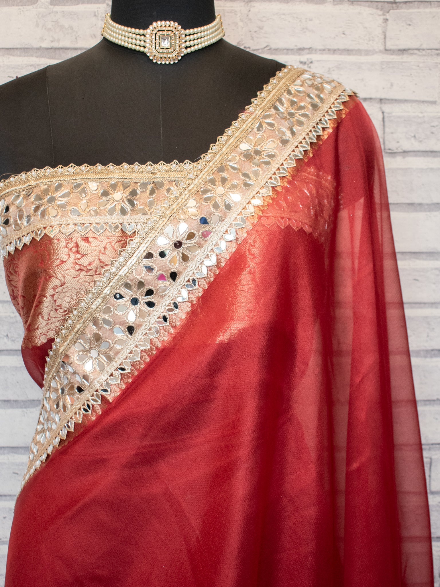Banarasi Plain Tissue Saree with Mirror Lace Border - Red