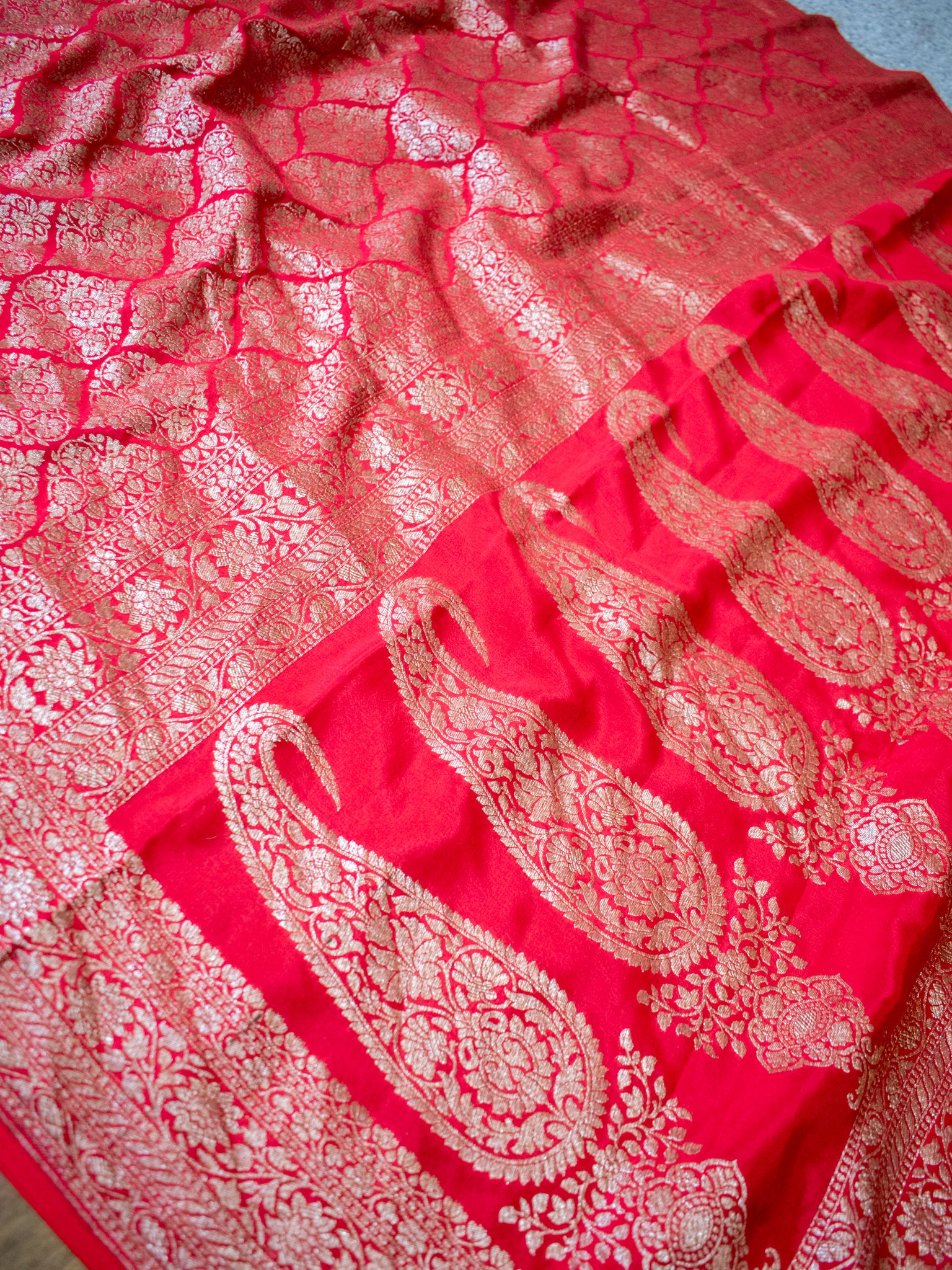 Banarasi Pure Khaddi Georgette Saree With Antique Zari Weaving- Red