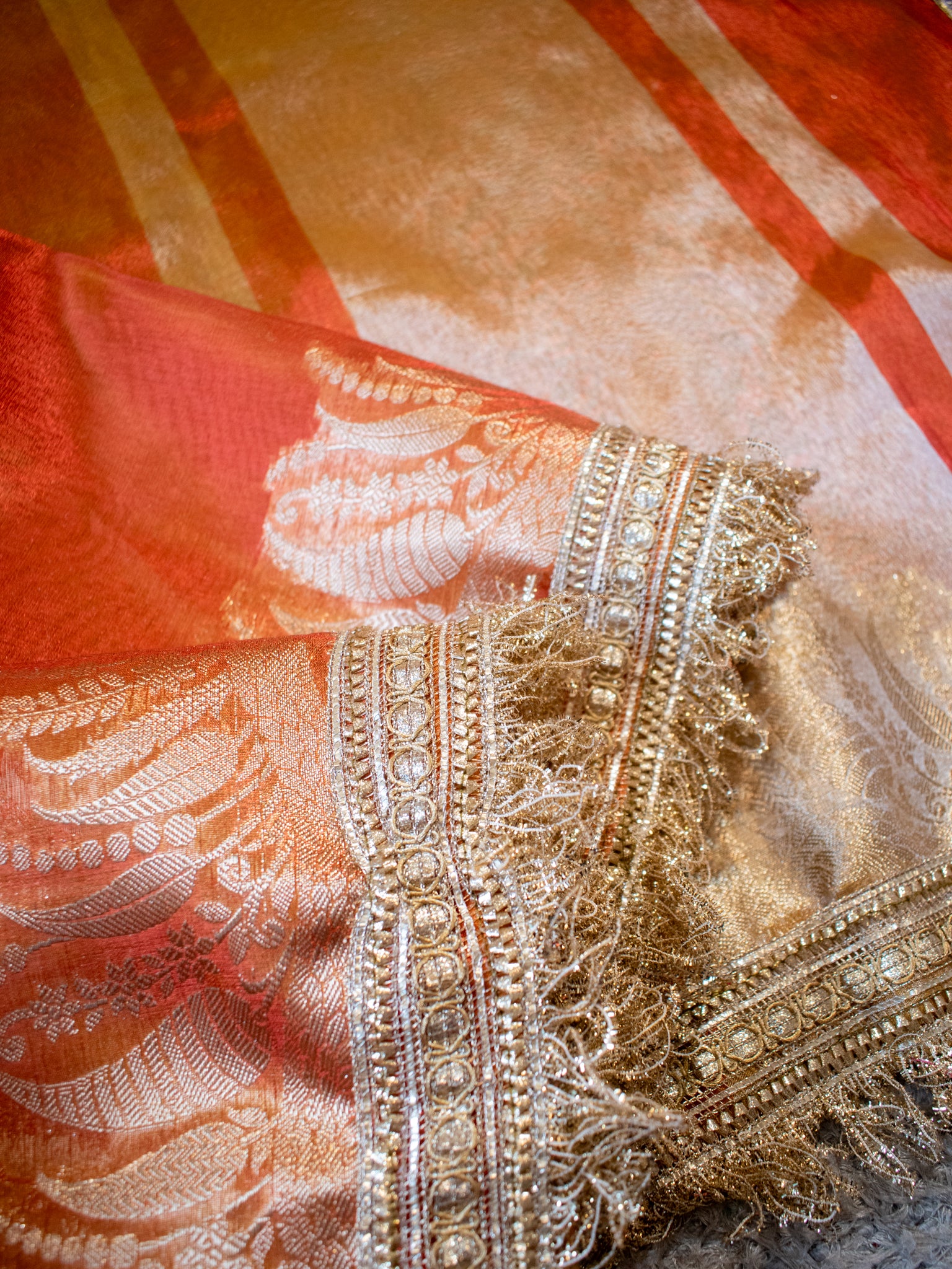 Banarasi Tissue Saree With Zari Weaving & Lace Border - Orange