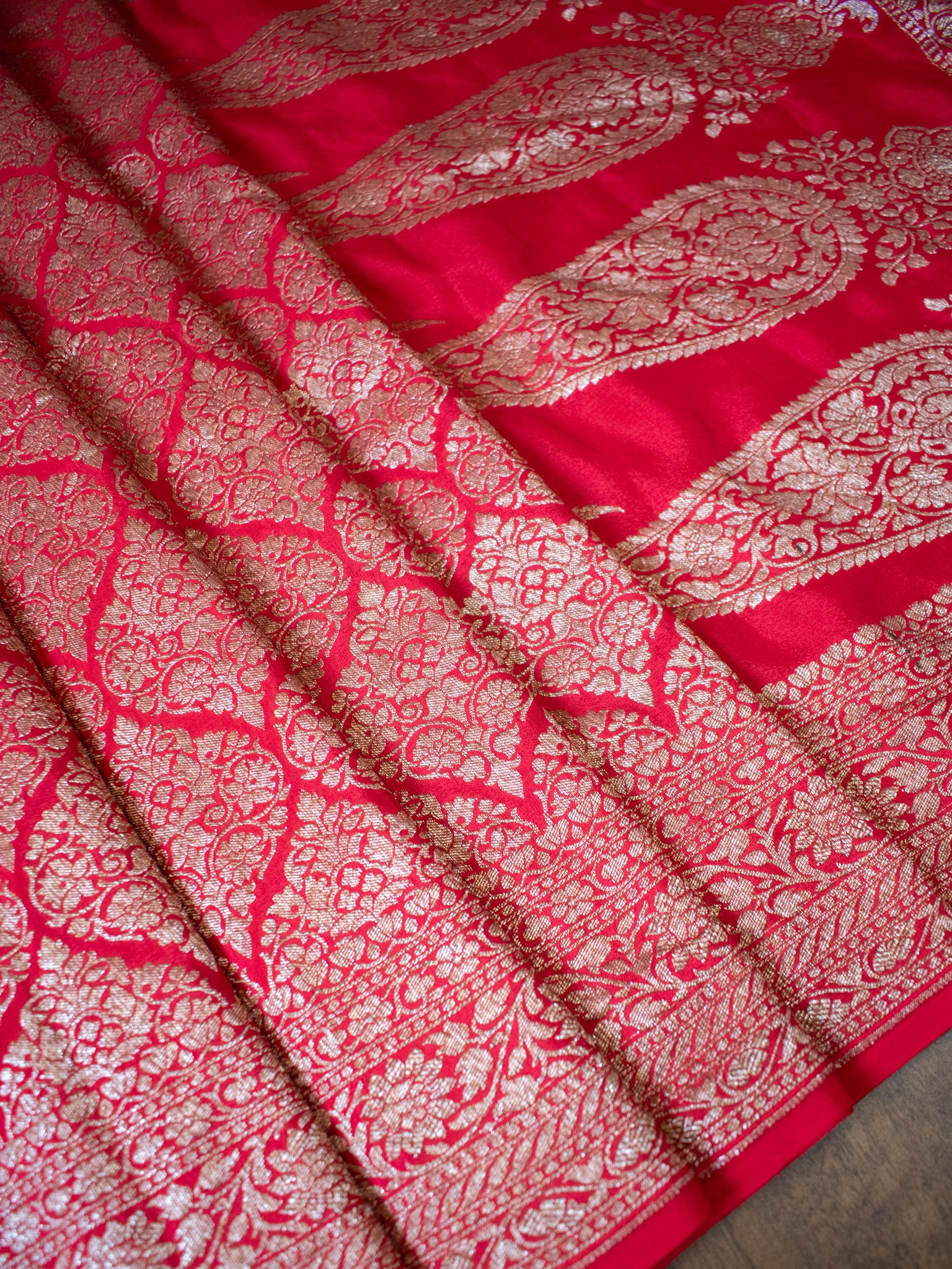 Banarasi Pure Khaddi Georgette Saree With Antique Zari Weaving- Red