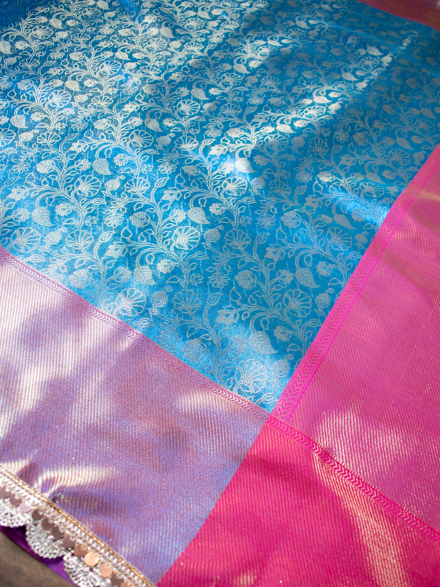 Blue Zari Banarasi Tissue Saree with Weaving & Lace Border