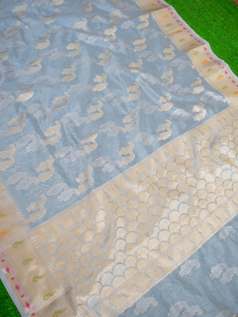 Banarasi Cotton Silk Jaal Resham & Zari Multi Coloured Weaving Saree-Grey
