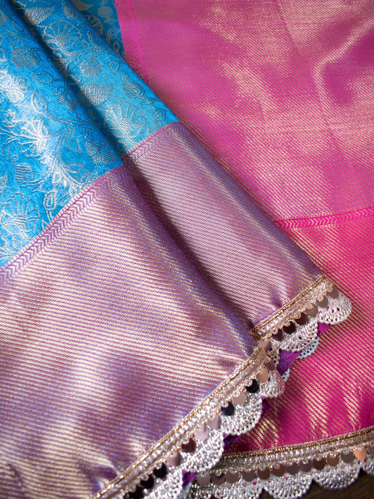 Blue Zari Banarasi Tissue Saree with Weaving & Lace Border