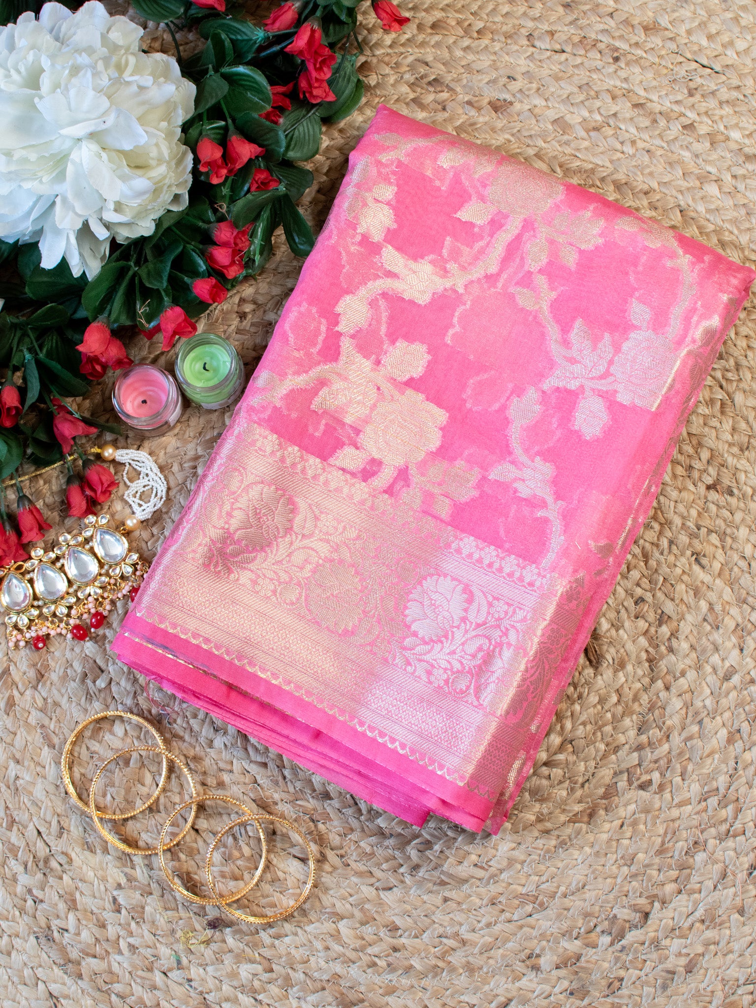 Banarasi Cotton Silk Saree With Silver Zari Jaal Weaving & Border-Pink