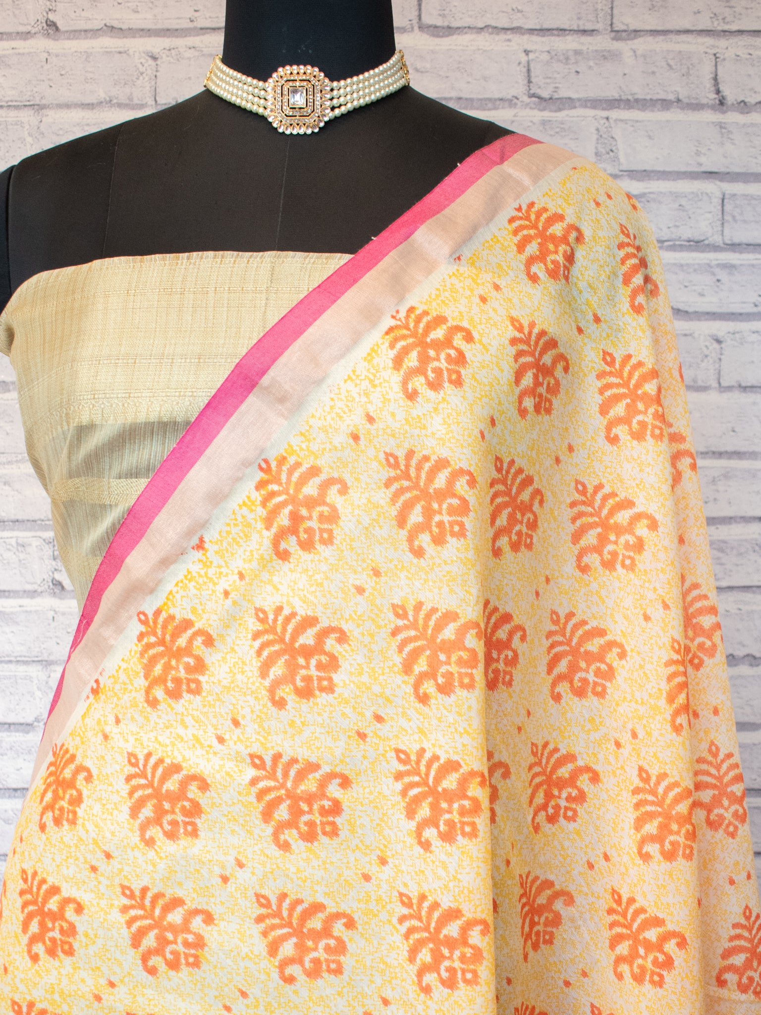 Banarasi Cotton Saree With Block Print & border- Yellow