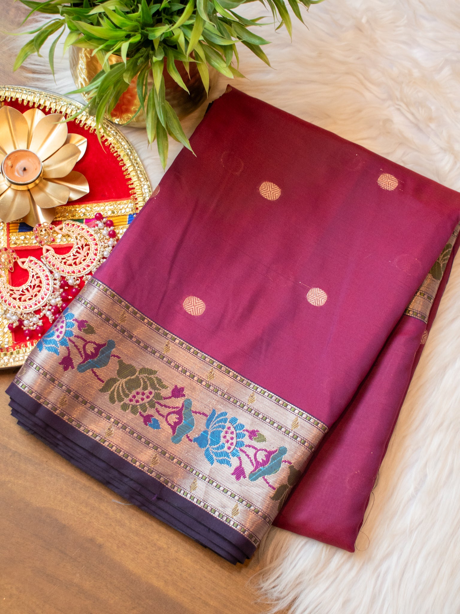 Banarasi Semi Silk Saree with Zari Buti Weaving & Border- Wine