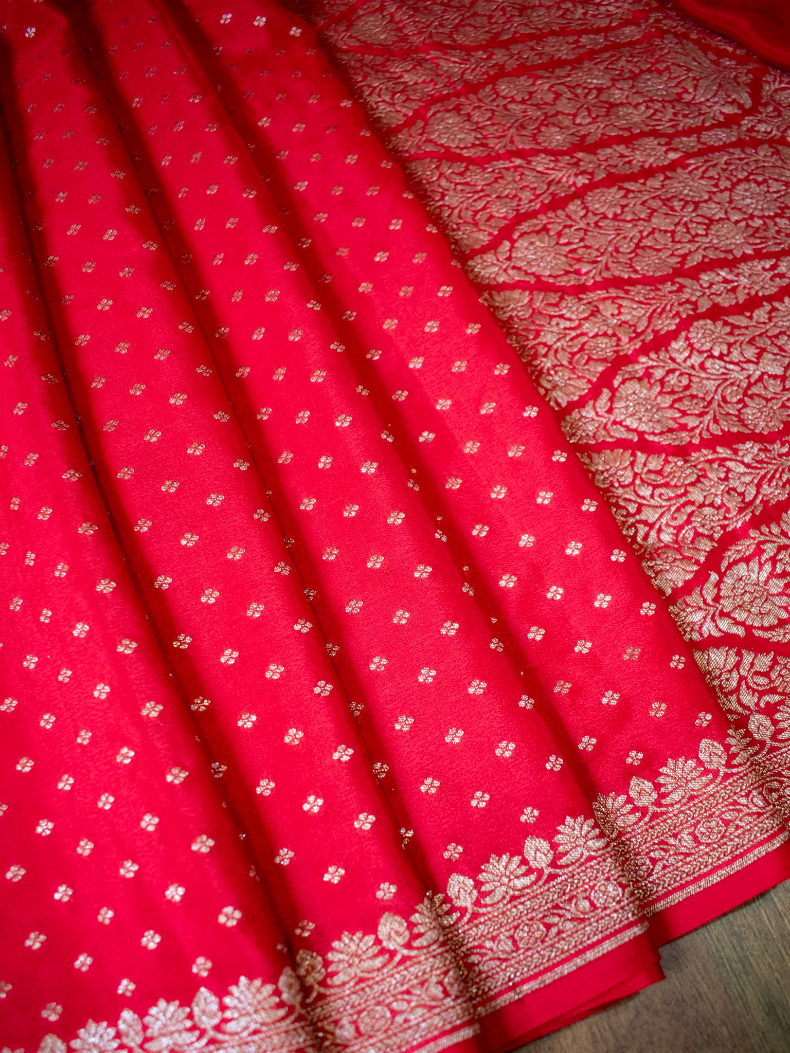 Banarasi Pure Khaddi Georgette Saree With Antique Zari Buti Weaving- Red