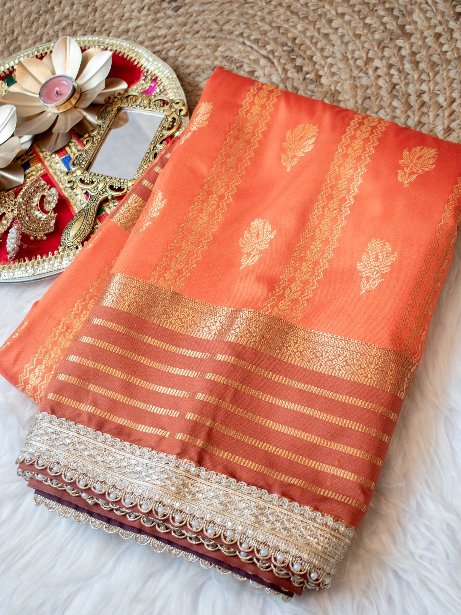 Banarasi Cotton Silk Saree with Zari Weaving & Lace Border- Orange