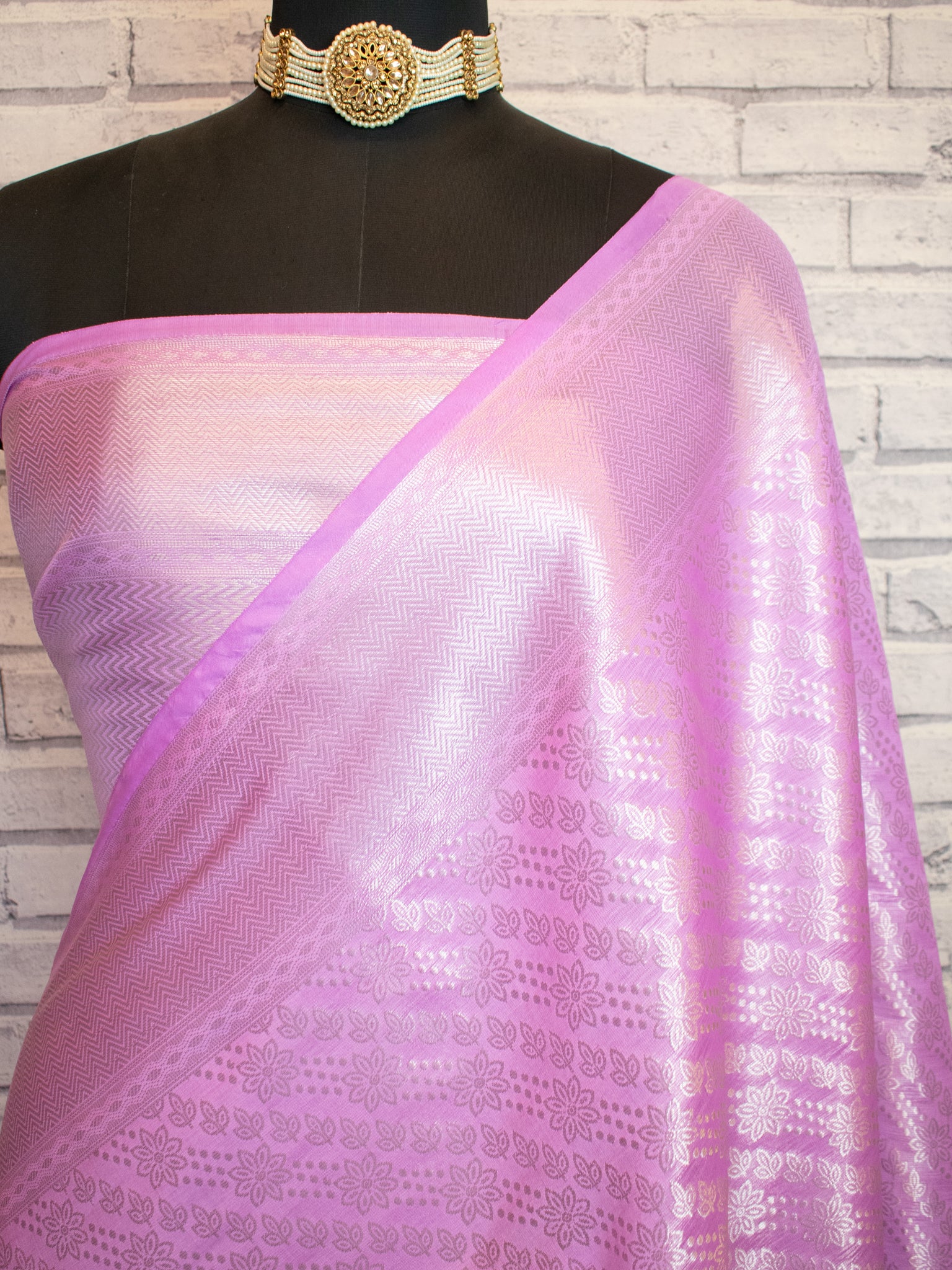 Banarasi Tissue Saree With Silver Weaving & Border- Pink