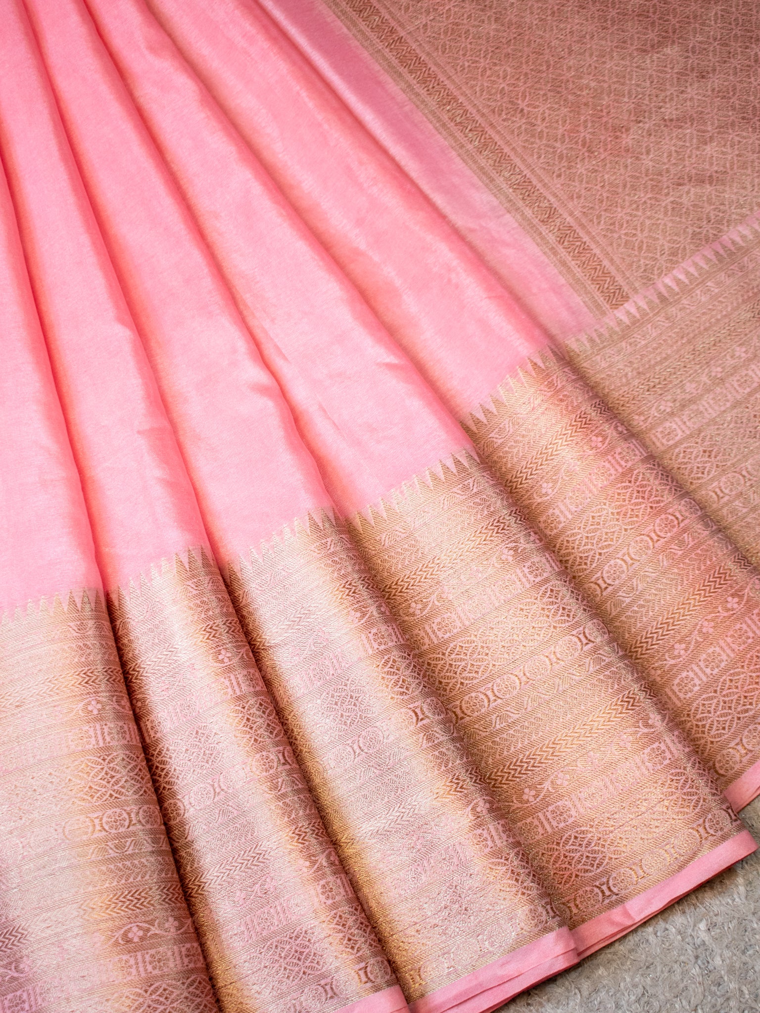 Banarasi Semi Silk Saree With Zari Weaving & Skirt Border-Pink