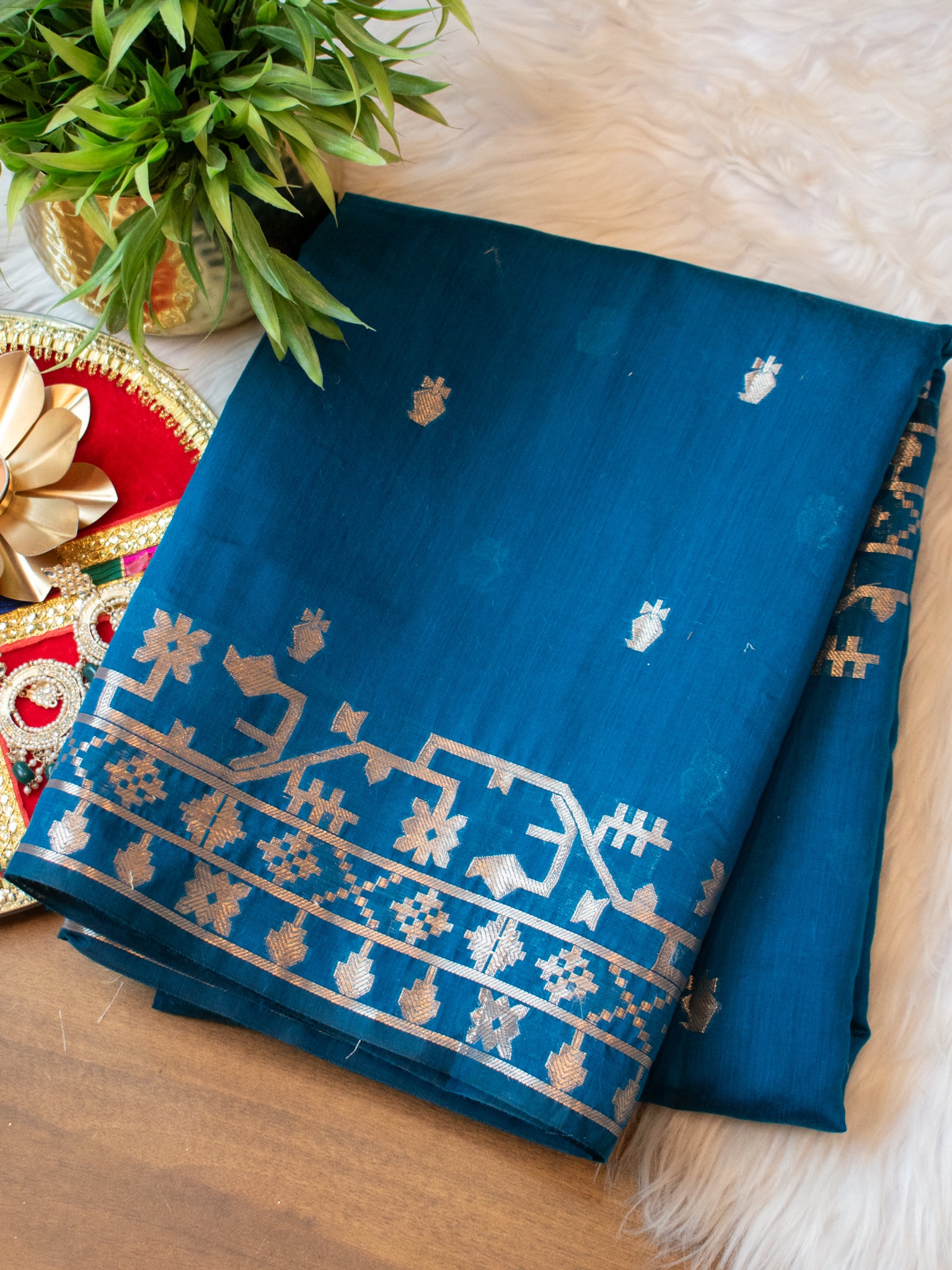 Banarasi Cotton Mix Saree with Zari Weaving & Border- Blue